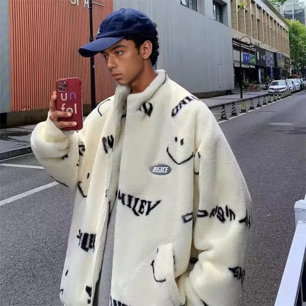 OOC' Smiley Face Lettering Sherpa Coat