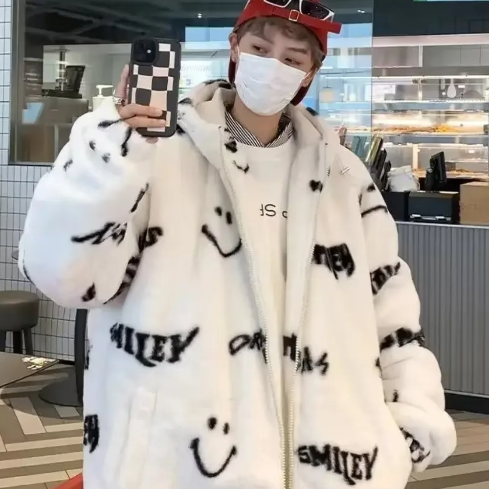 OOC' Smiley Face Lettering Sherpa Hooded Coat