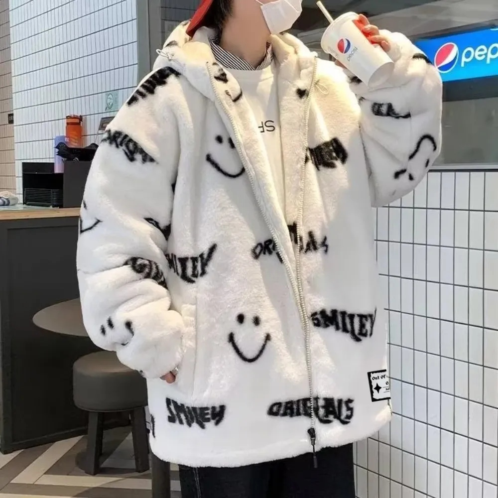 OOC' Smiley Face Lettering Sherpa Hooded Coat