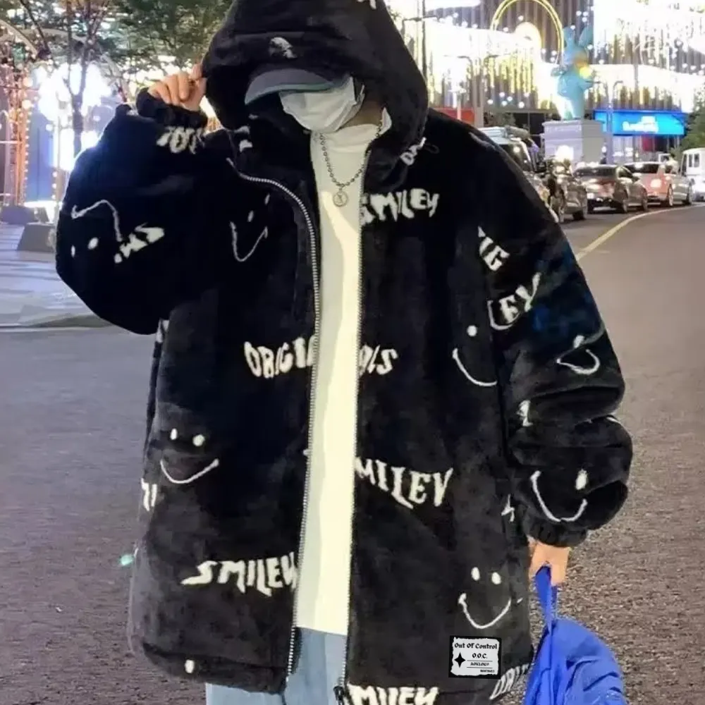 OOC' Smiley Face Lettering Sherpa Hooded Coat