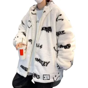 OOC' Smiley Face Lettering Sherpa Hooded Coat