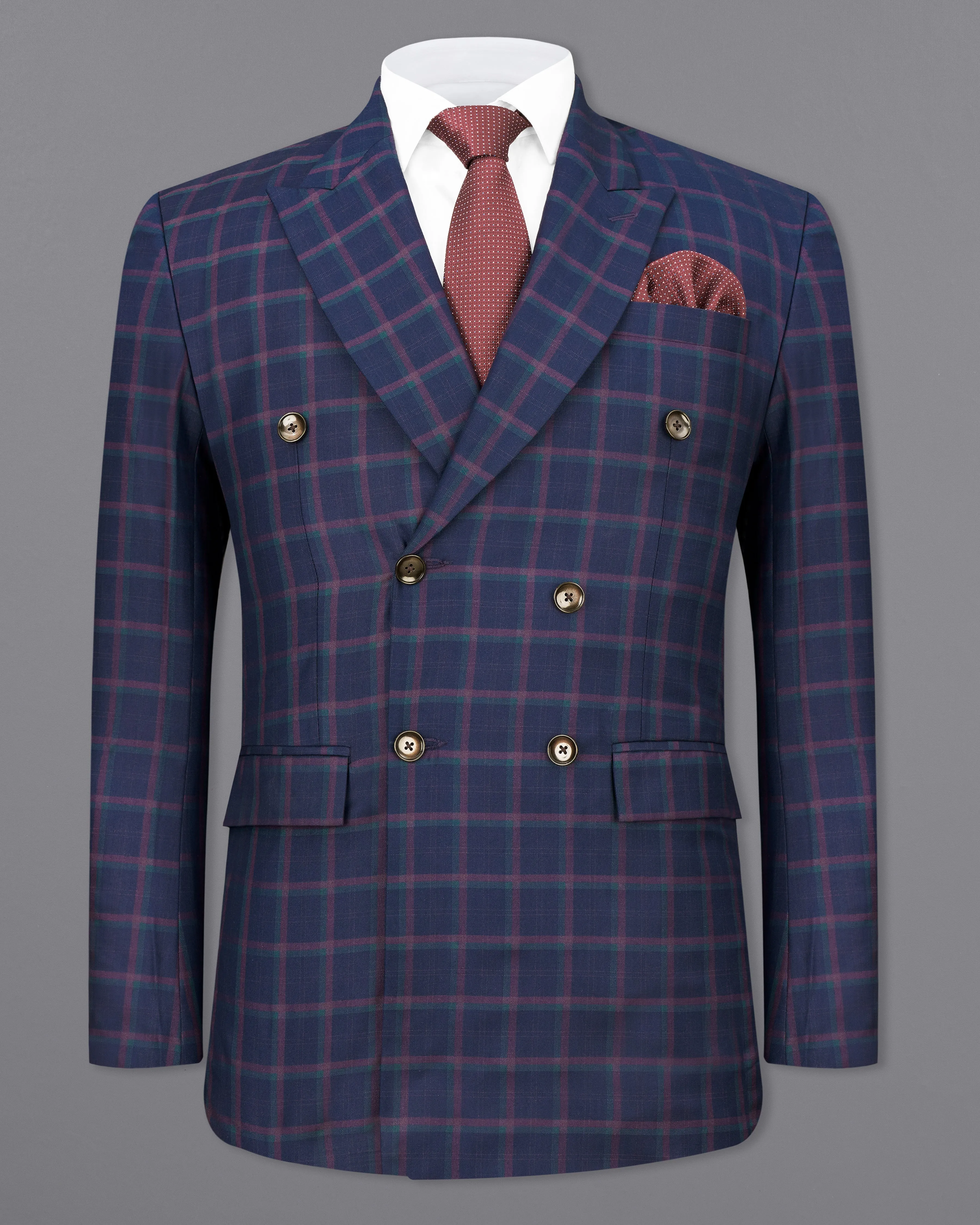 Outer Space Blue Plaid Double Breasted Blazer
