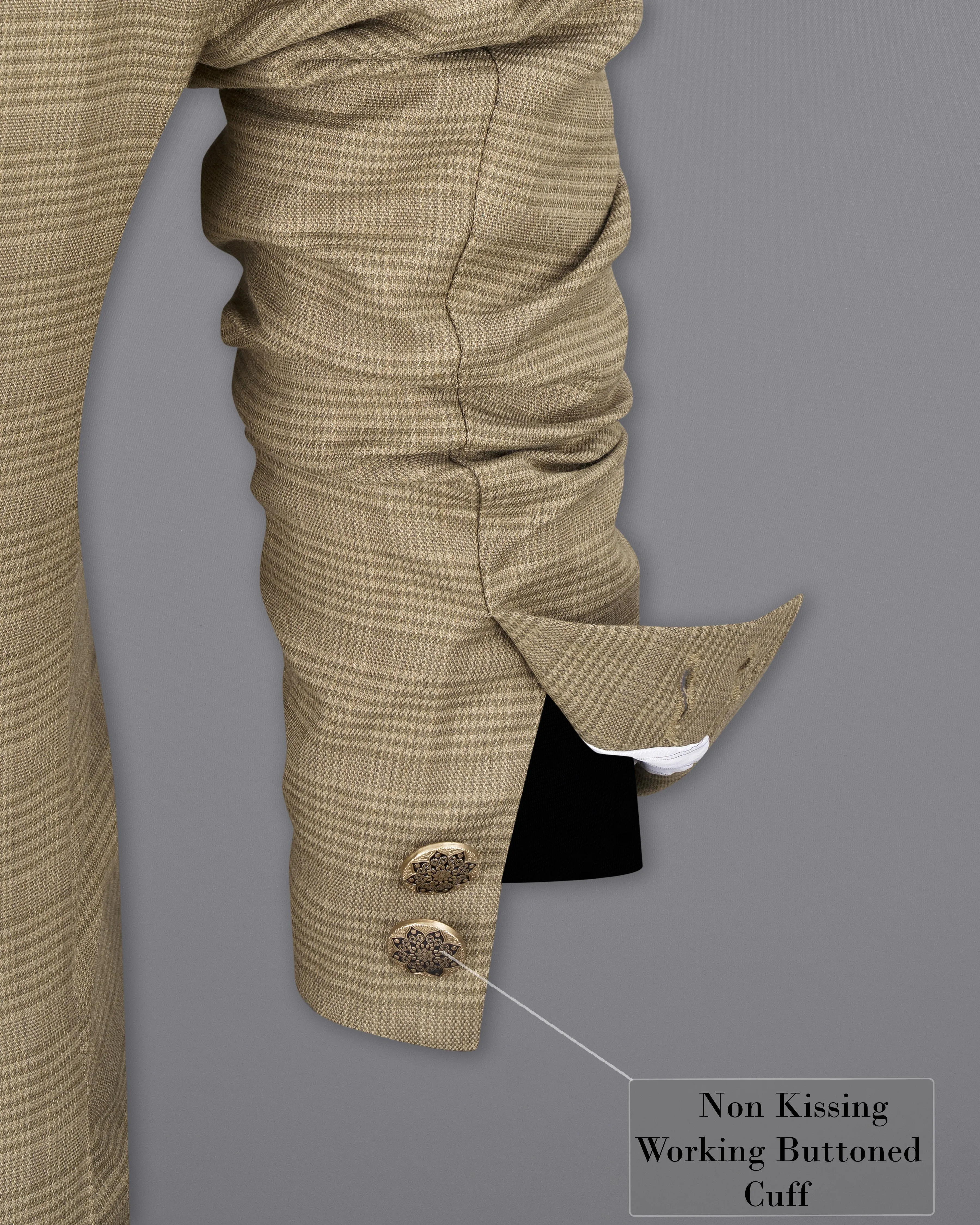 Pale Taupe Brown Plaid with Black Patchwork Wool Rich Blazer