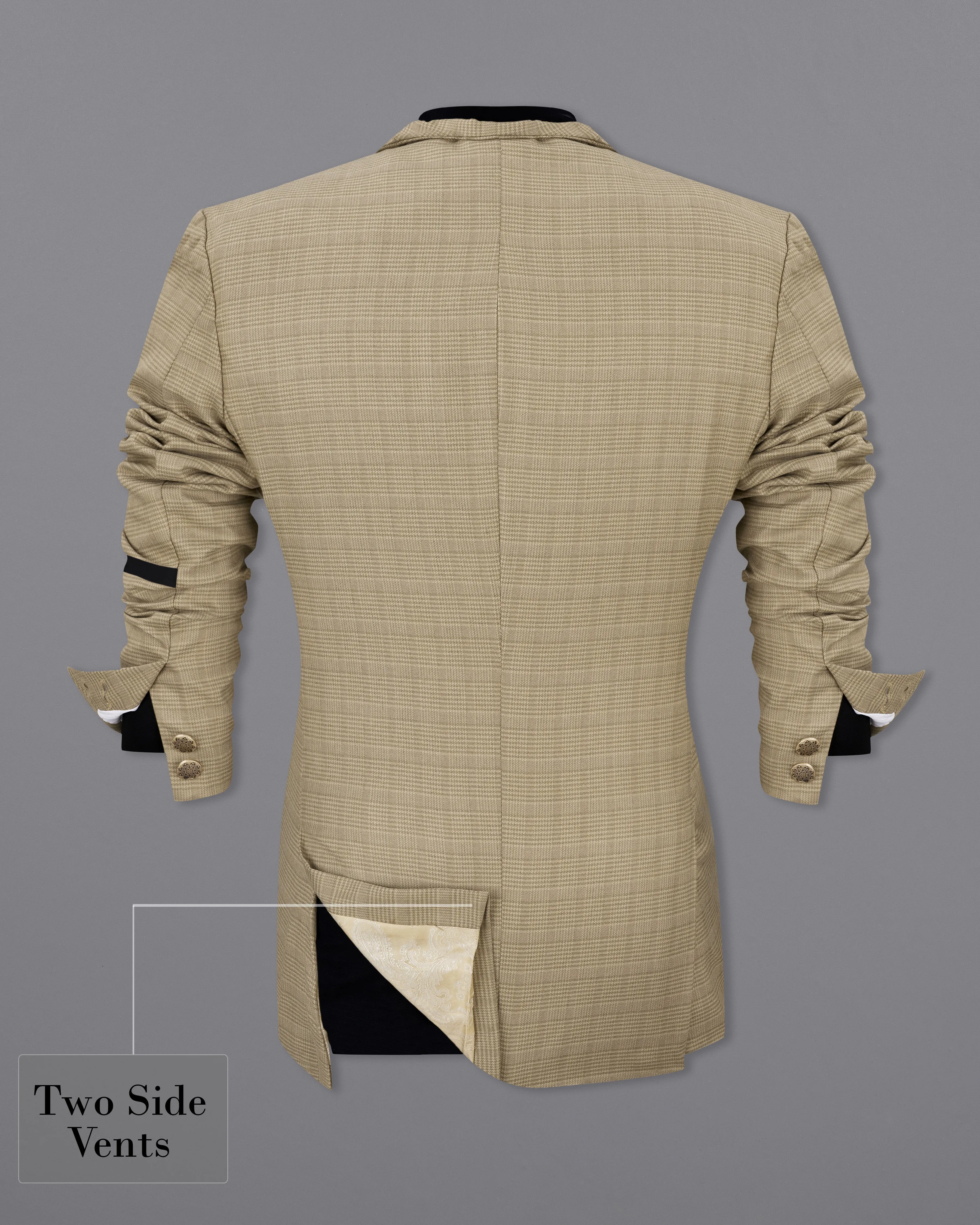 Pale Taupe Brown Plaid with Black Patchwork Wool Rich Blazer