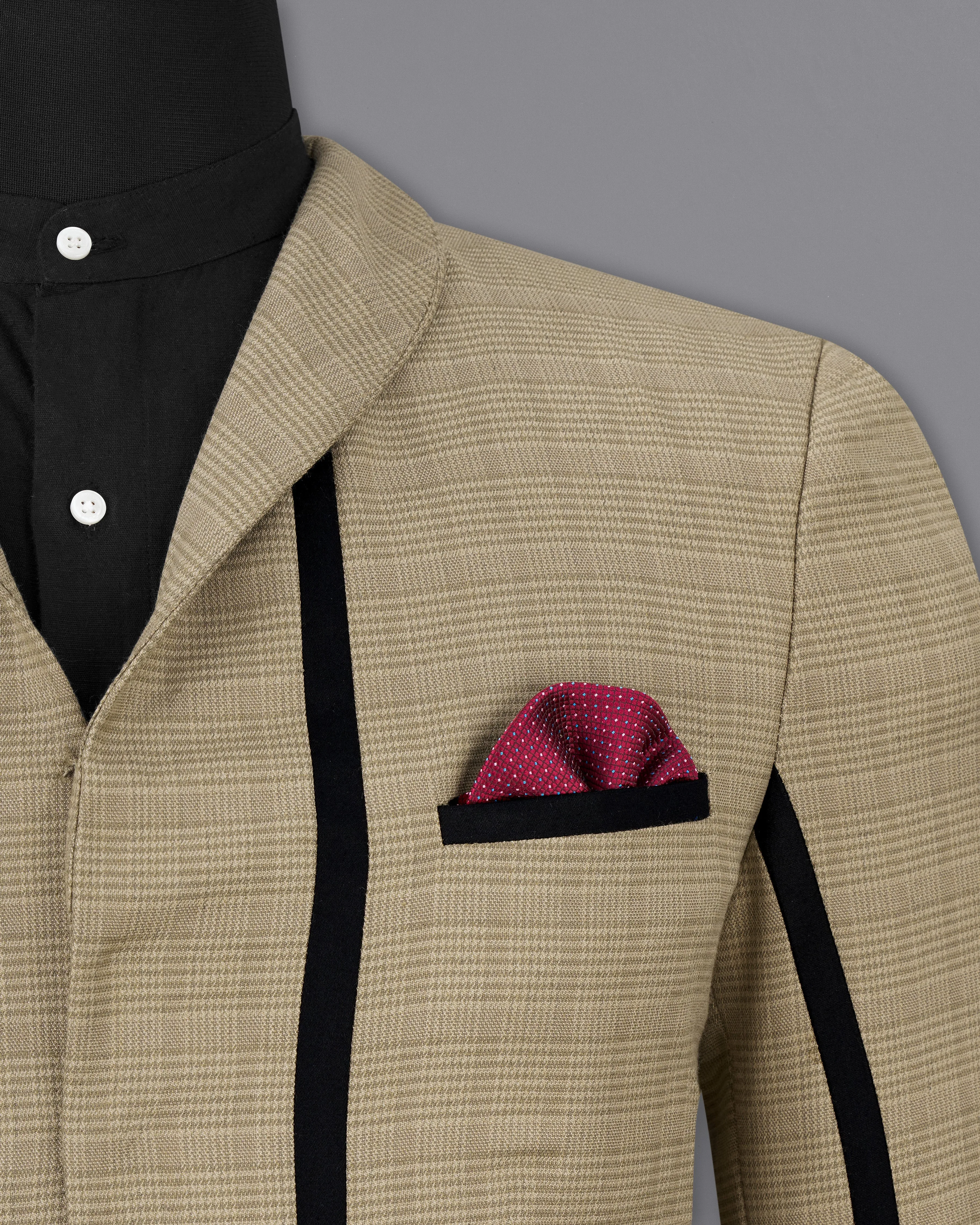 Pale Taupe Brown Plaid with Black Patchwork Wool Rich Blazer