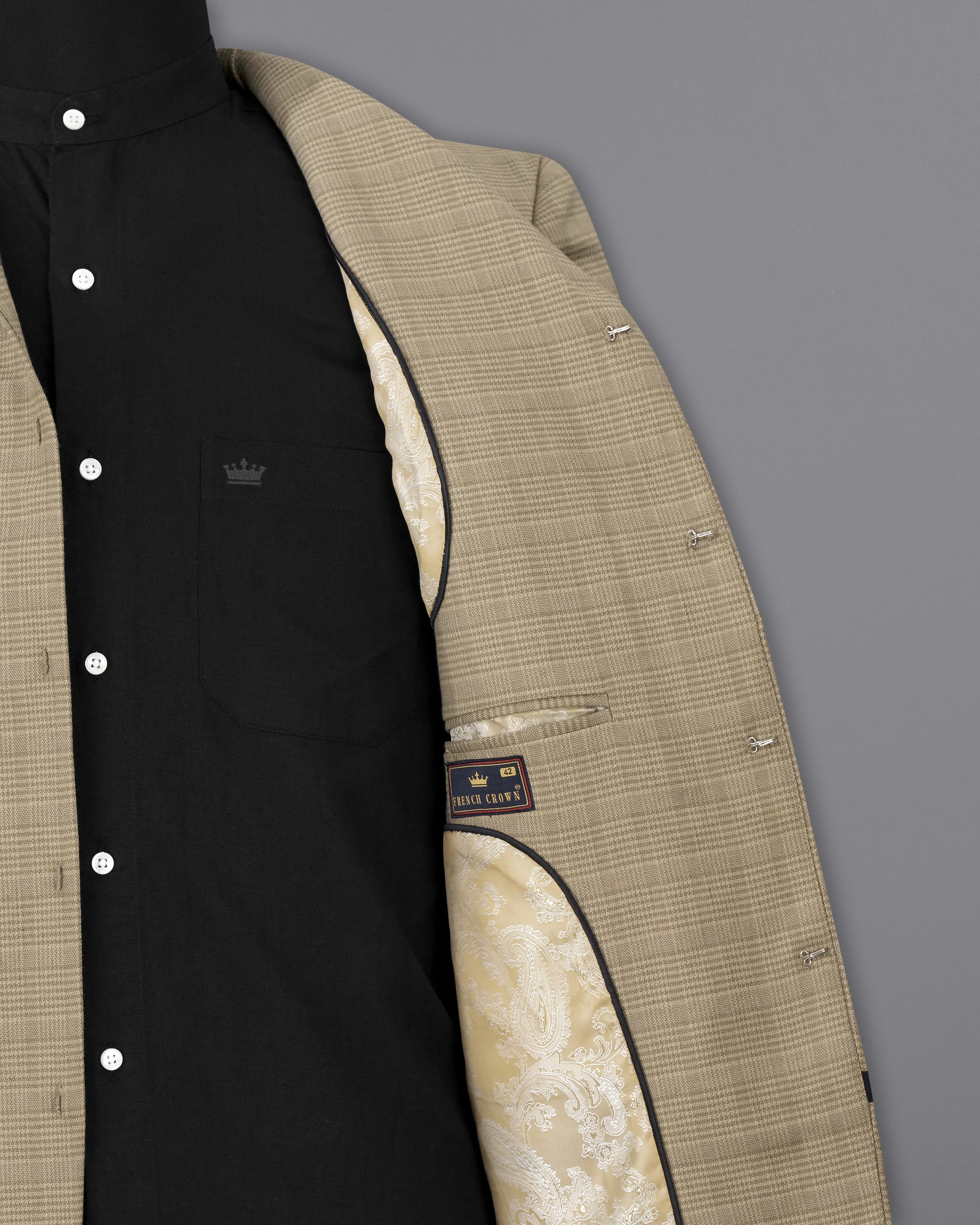 Pale Taupe Brown Plaid with Black Patchwork Wool Rich Blazer