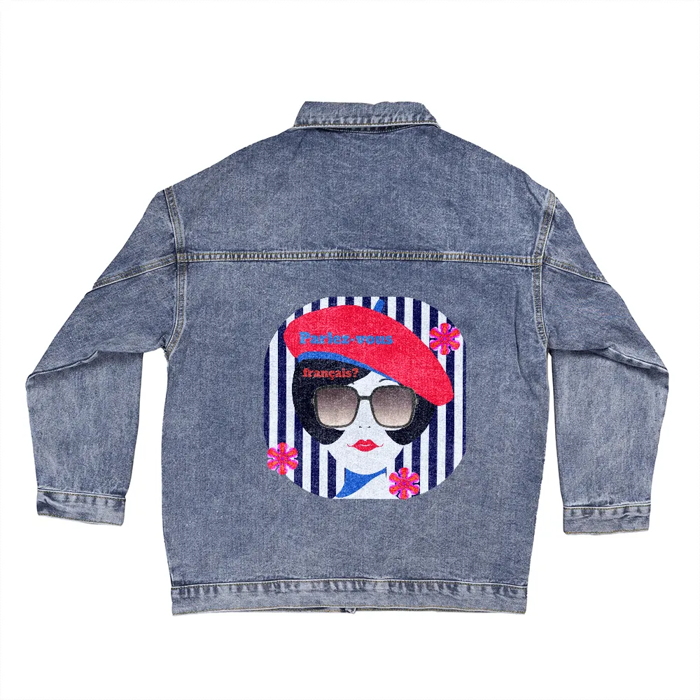 Parlez-vous francais?  French Girl with Beret Oversized Women's DTG Denim Jacket