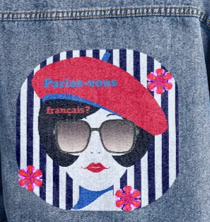Parlez-vous francais?  French Girl with Beret Oversized Women's DTG Denim Jacket