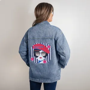Parlez-vous francais?  French Girl with Beret Oversized Women's DTG Denim Jacket
