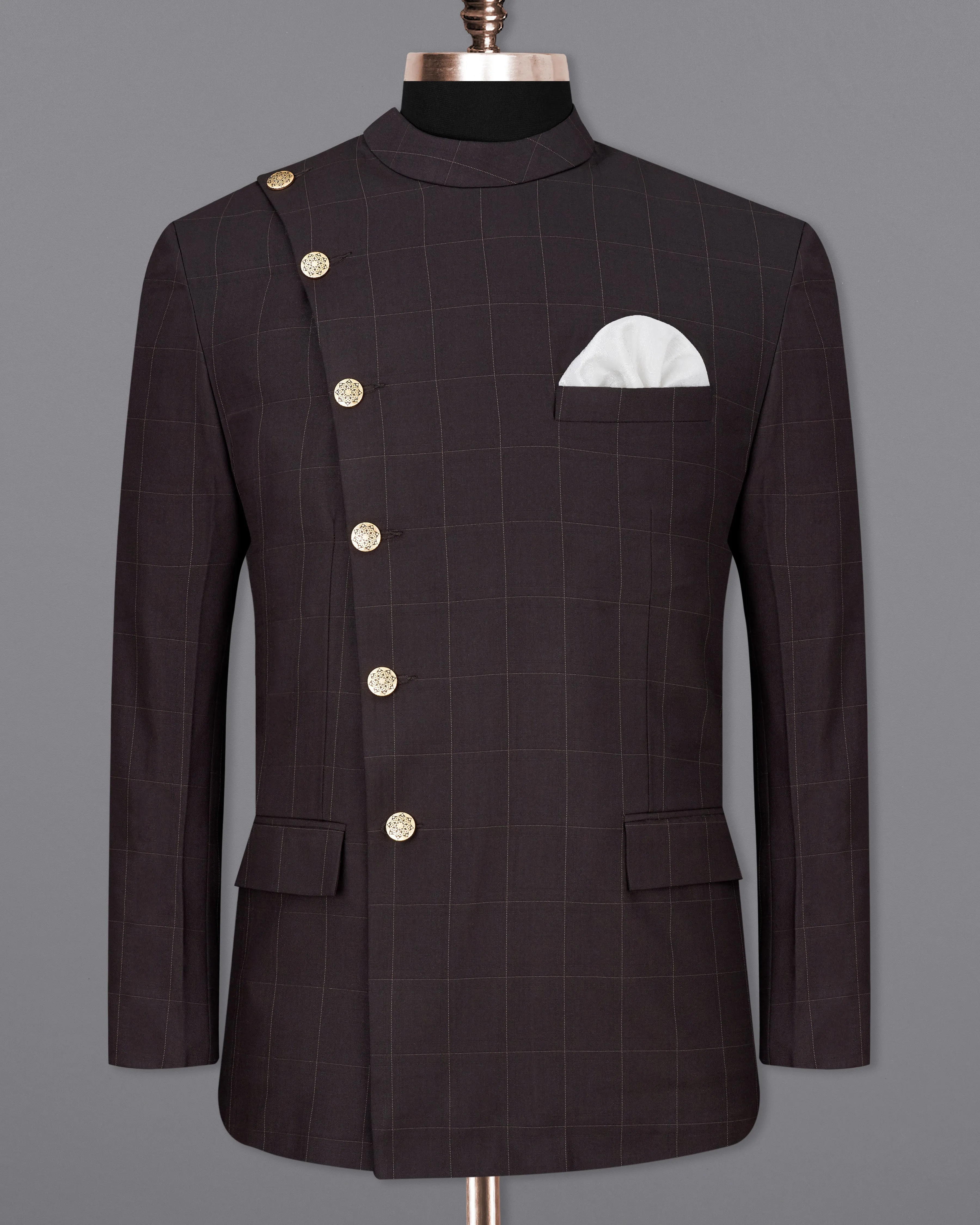 Piano Brown Windowpane Cross Buttoned Bandhgala Blazer