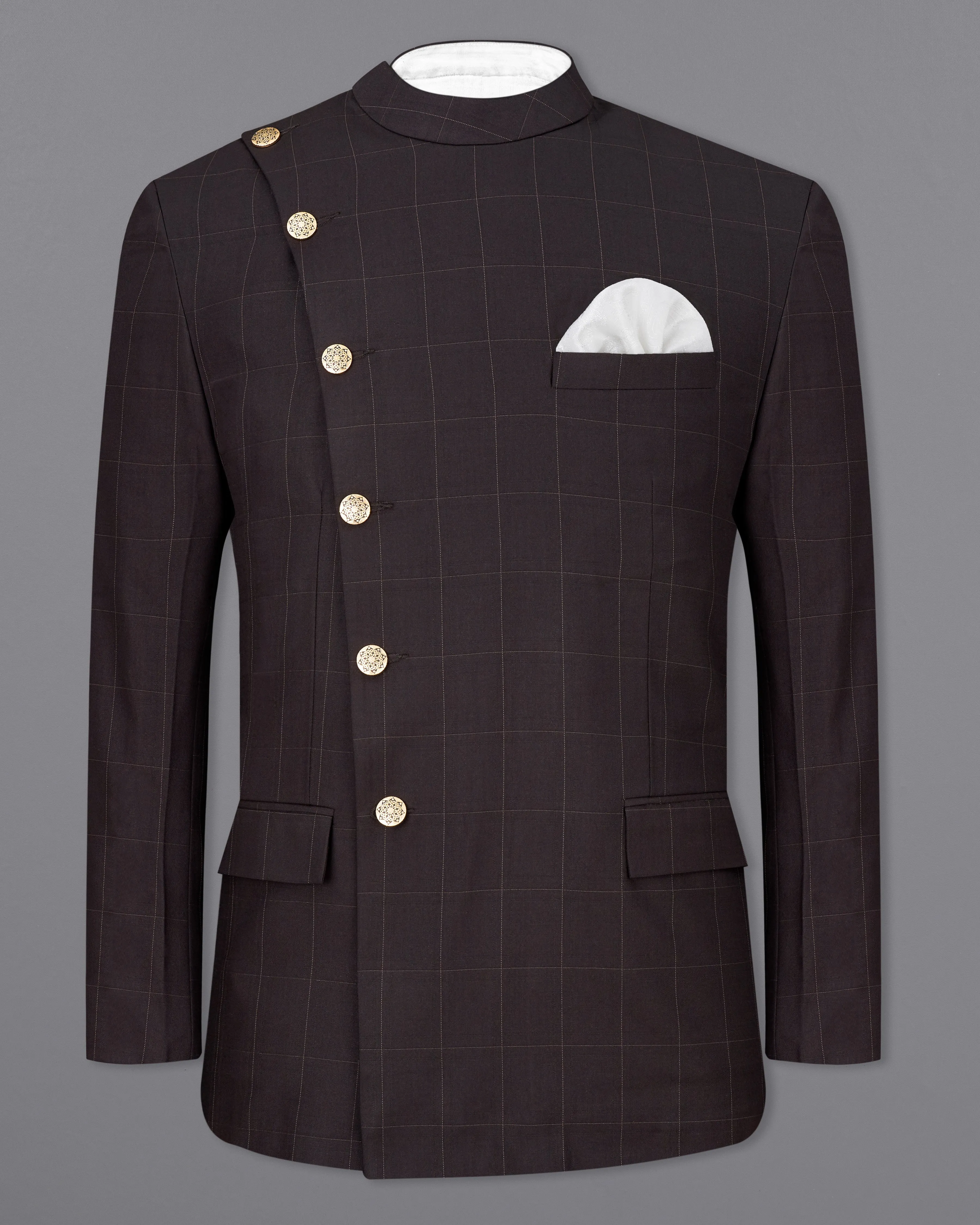 Piano Brown Windowpane Cross Buttoned Bandhgala Blazer