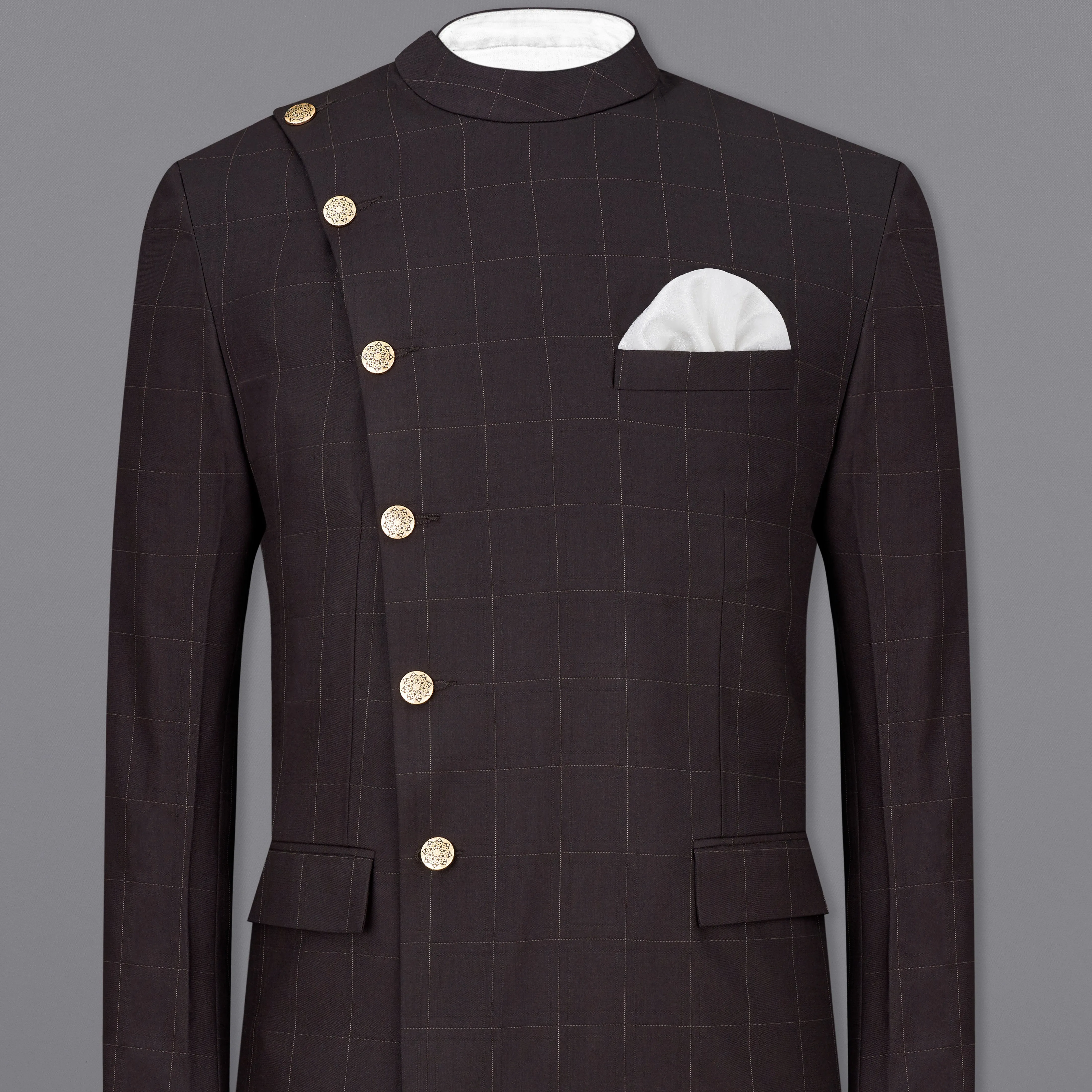 Piano Brown Windowpane Cross Buttoned Bandhgala Blazer