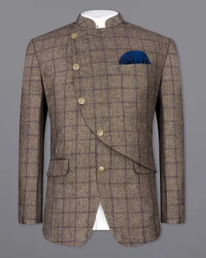 Pine Cone Brown Windowpane Cross Buttoned Bandhgala Designer Blazer