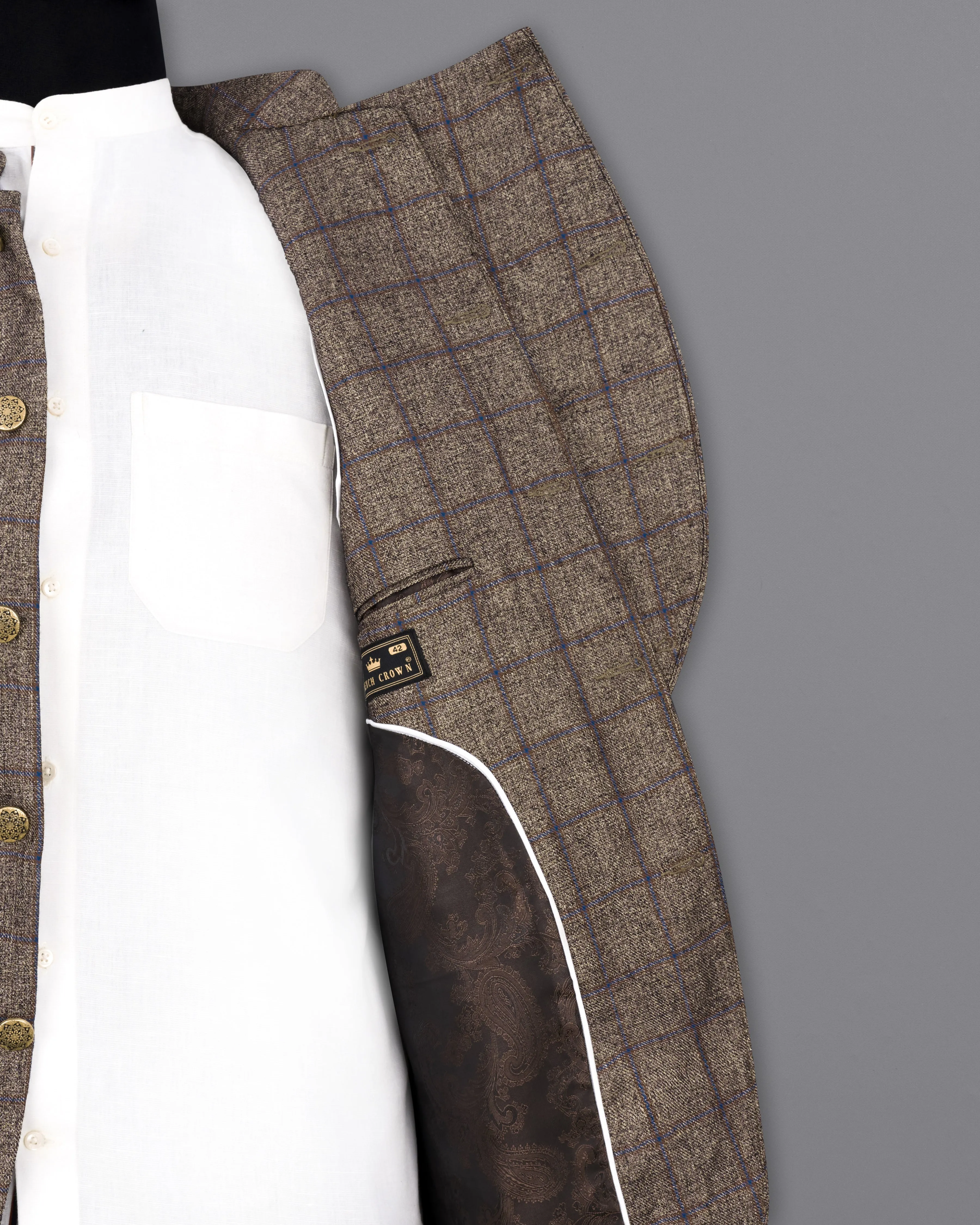 Pine Cone Brown Windowpane Cross Buttoned Bandhgala Designer Blazer