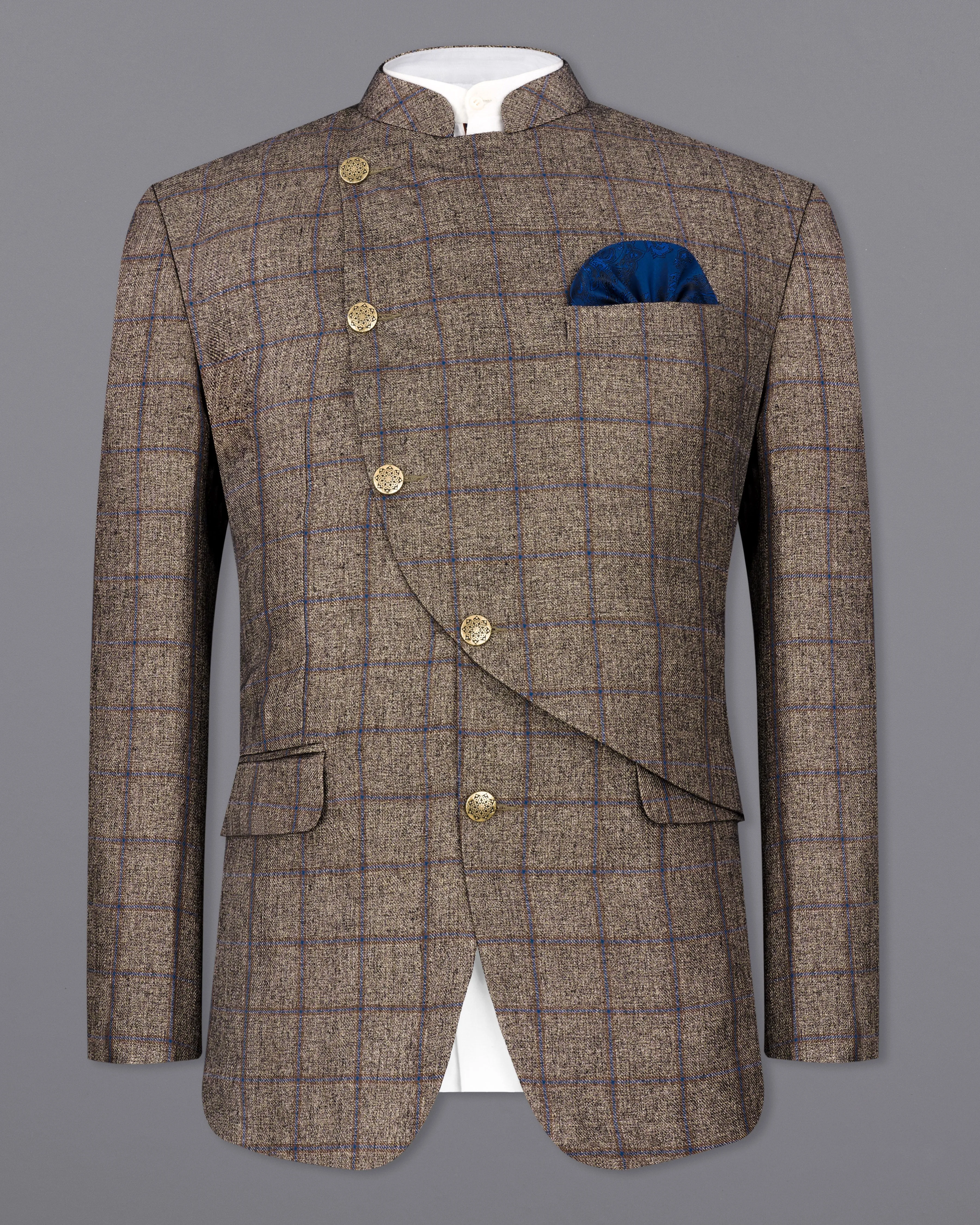 Pine Cone Brown Windowpane Cross Buttoned Bandhgala Designer Blazer