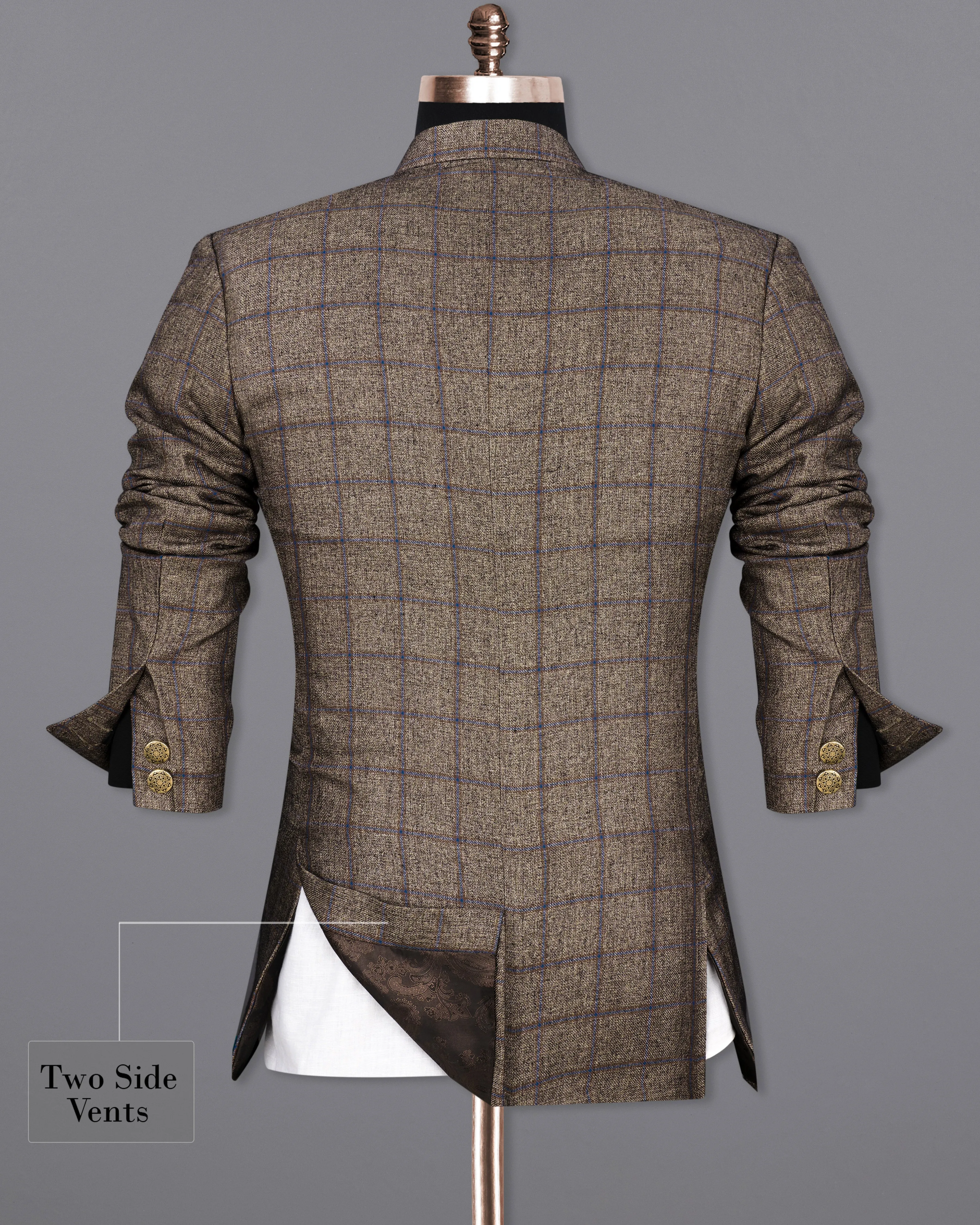Pine Cone Brown Windowpane Cross Buttoned Bandhgala Designer Blazer