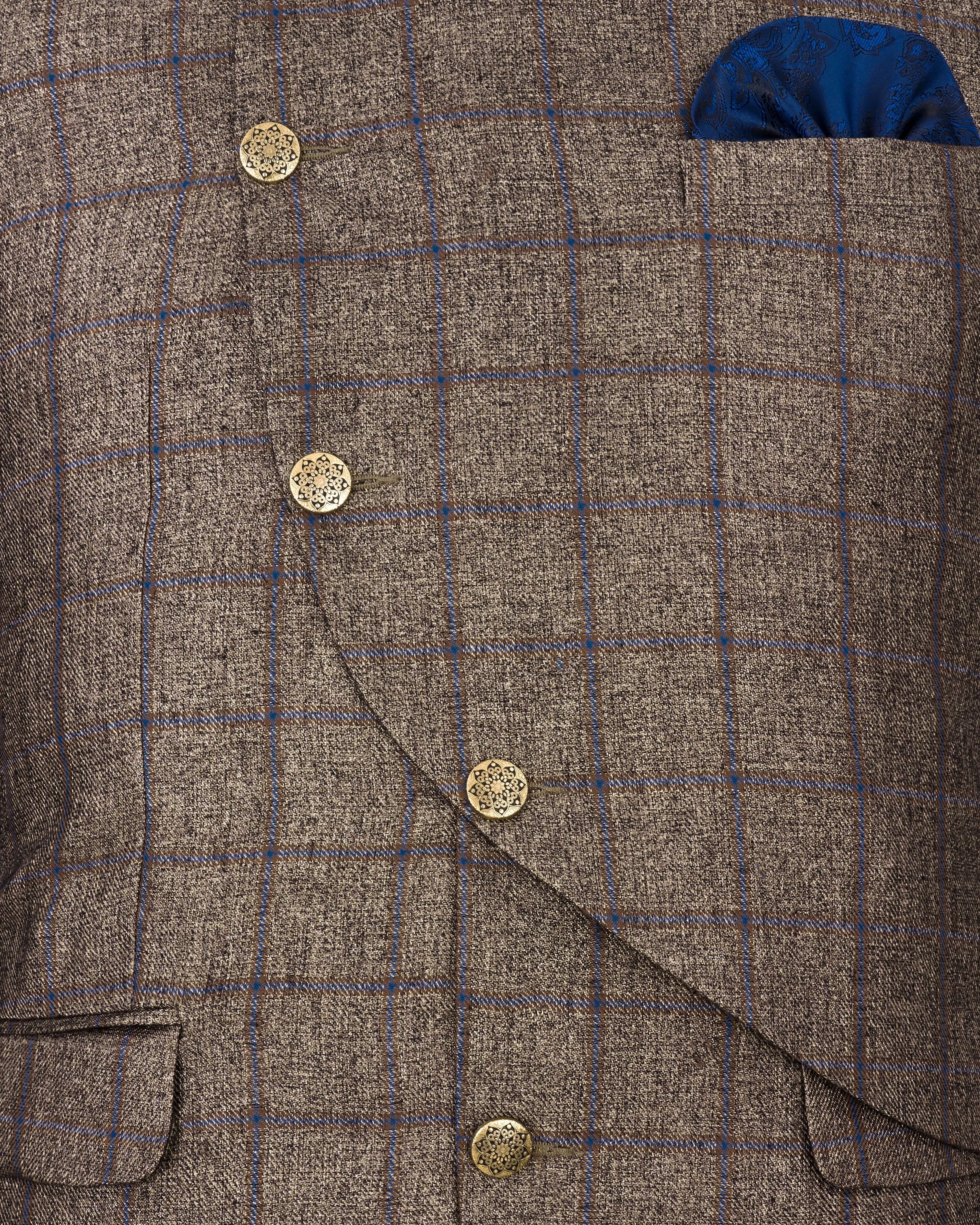 Pine Cone Brown Windowpane Cross Buttoned Bandhgala Designer Blazer