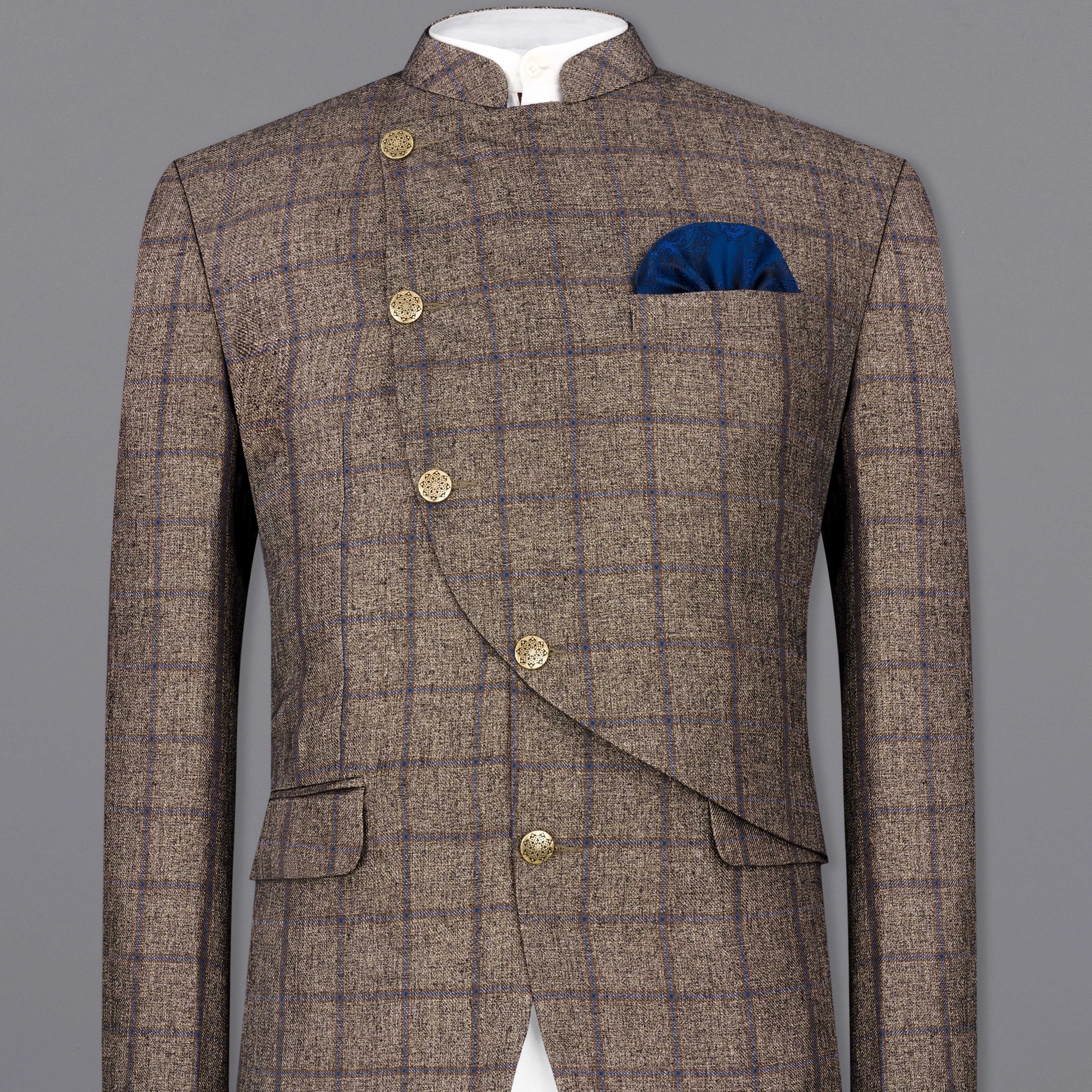 Pine Cone Brown Windowpane Cross Buttoned Bandhgala Designer Blazer