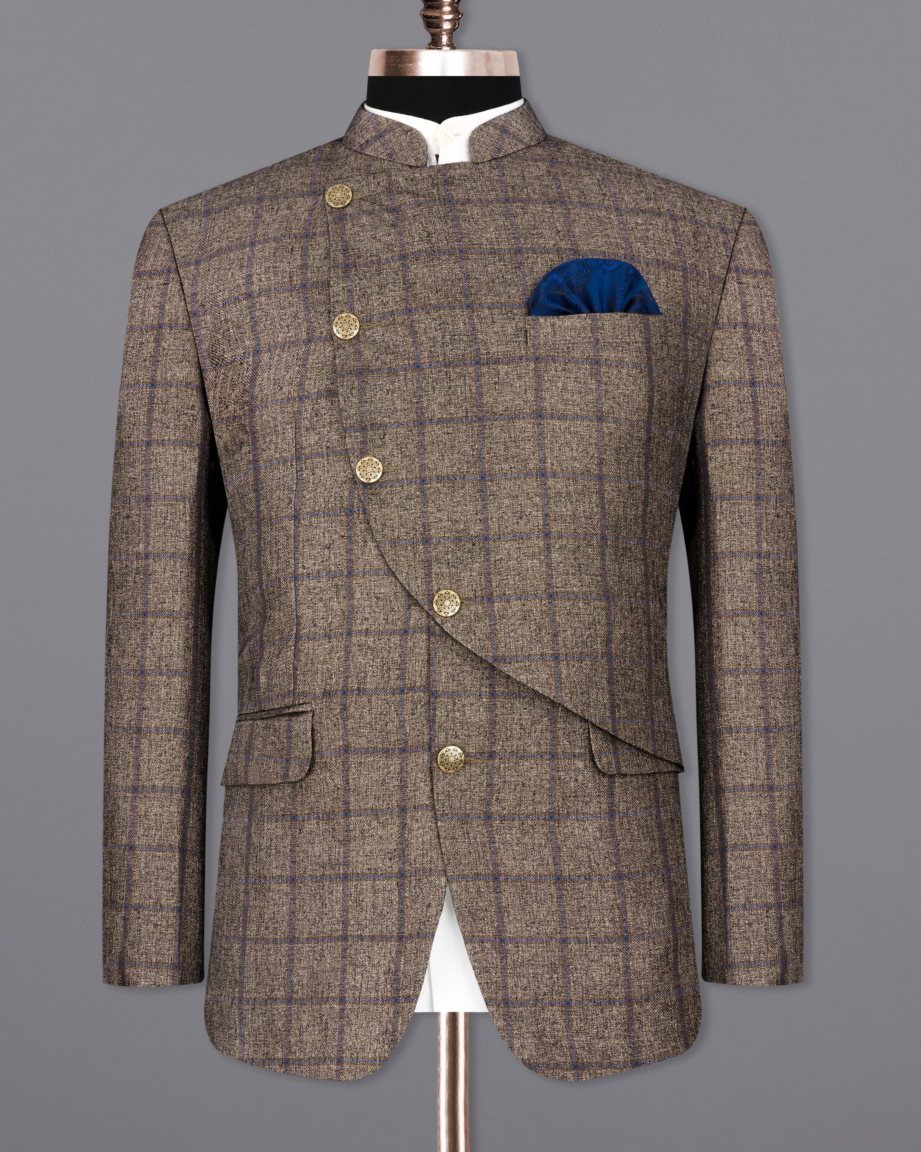 Pine Cone Brown Windowpane Cross Buttoned Bandhgala Designer Blazer