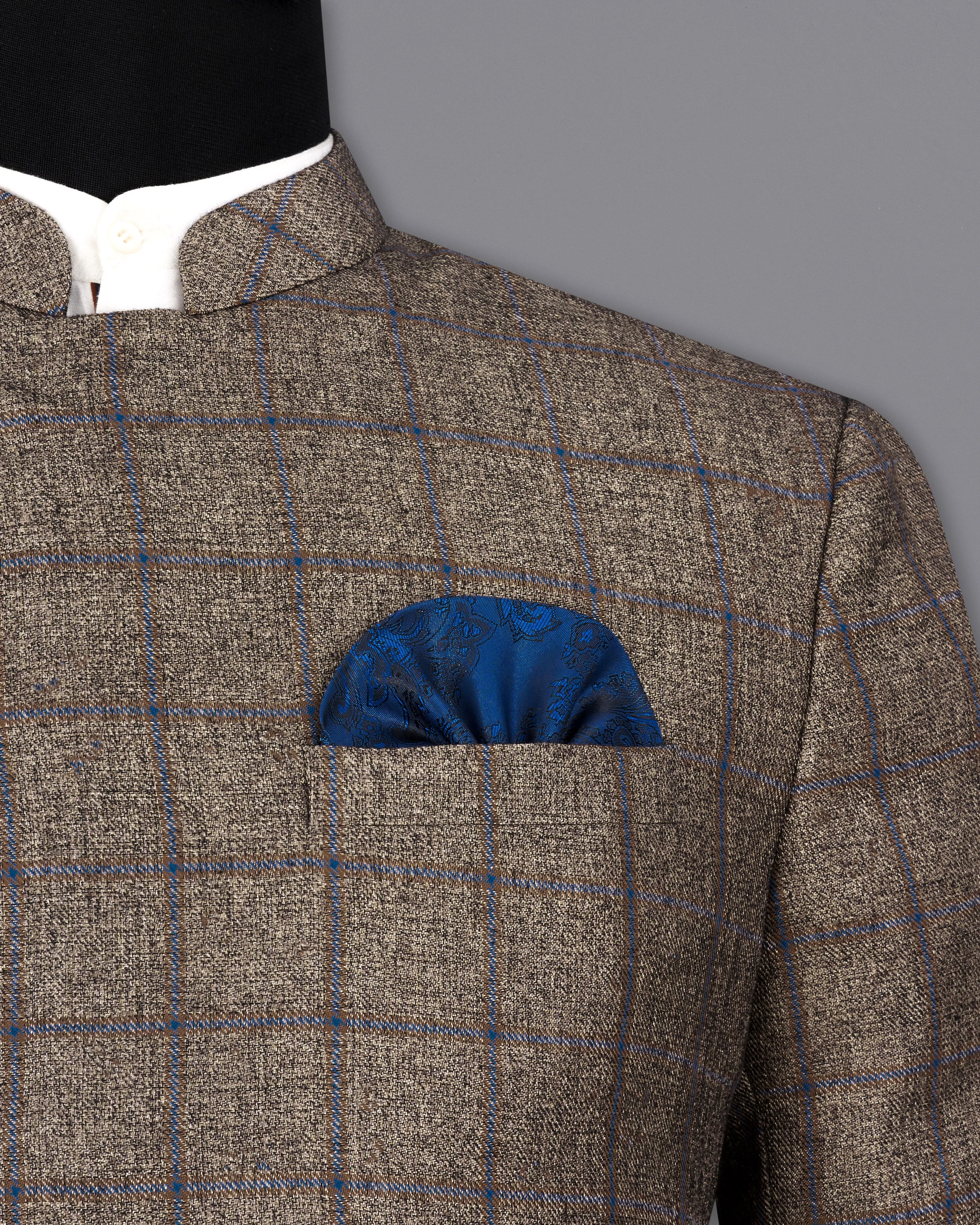 Pine Cone Brown Windowpane Cross Buttoned Bandhgala Designer Blazer