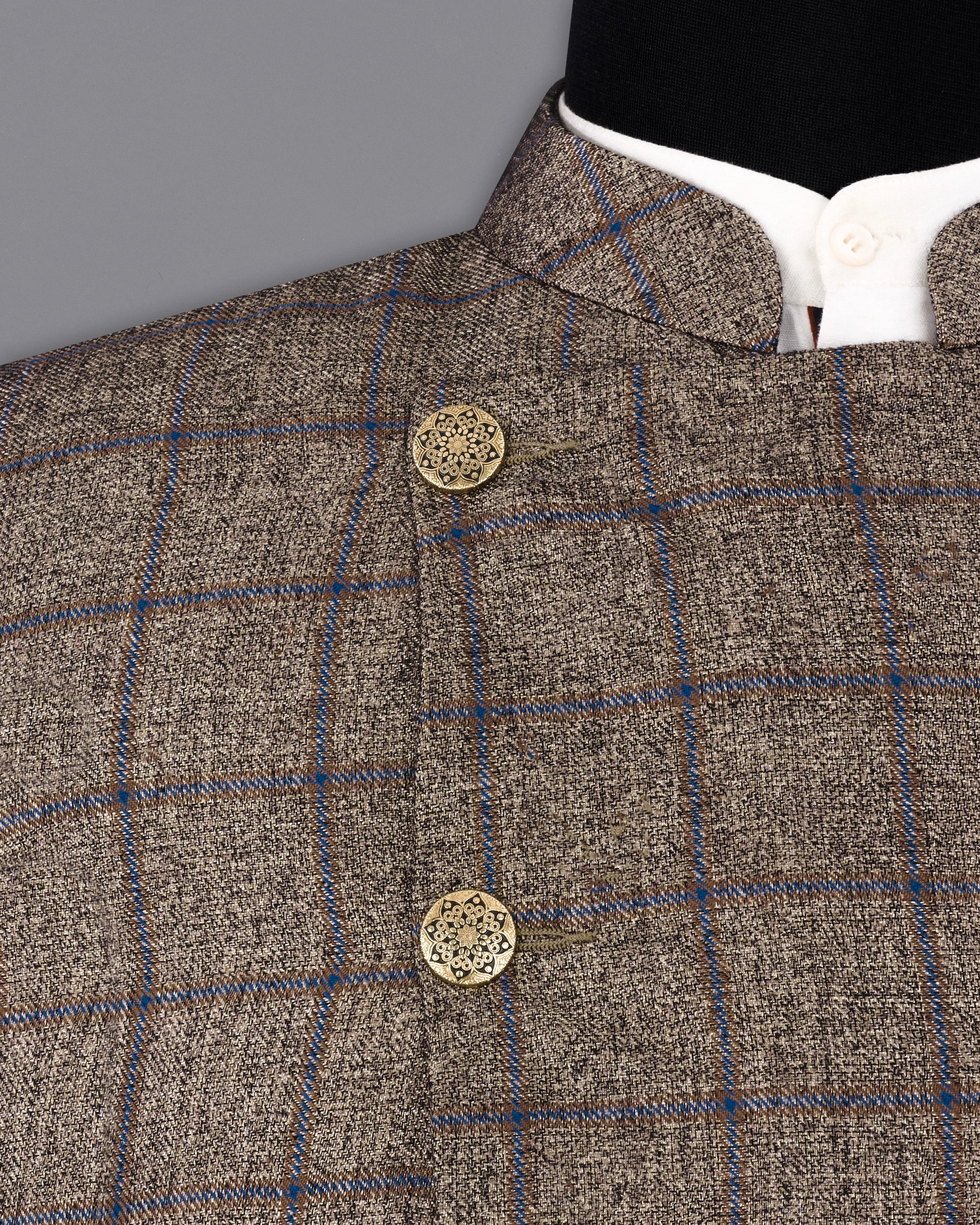 Pine Cone Brown Windowpane Cross Buttoned Bandhgala Designer Blazer