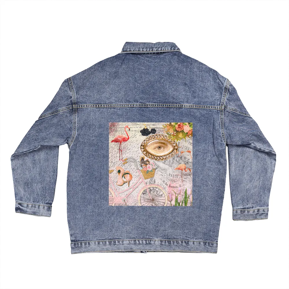 Pink Paris Collage Oversized Women's DTG Denim Jacket