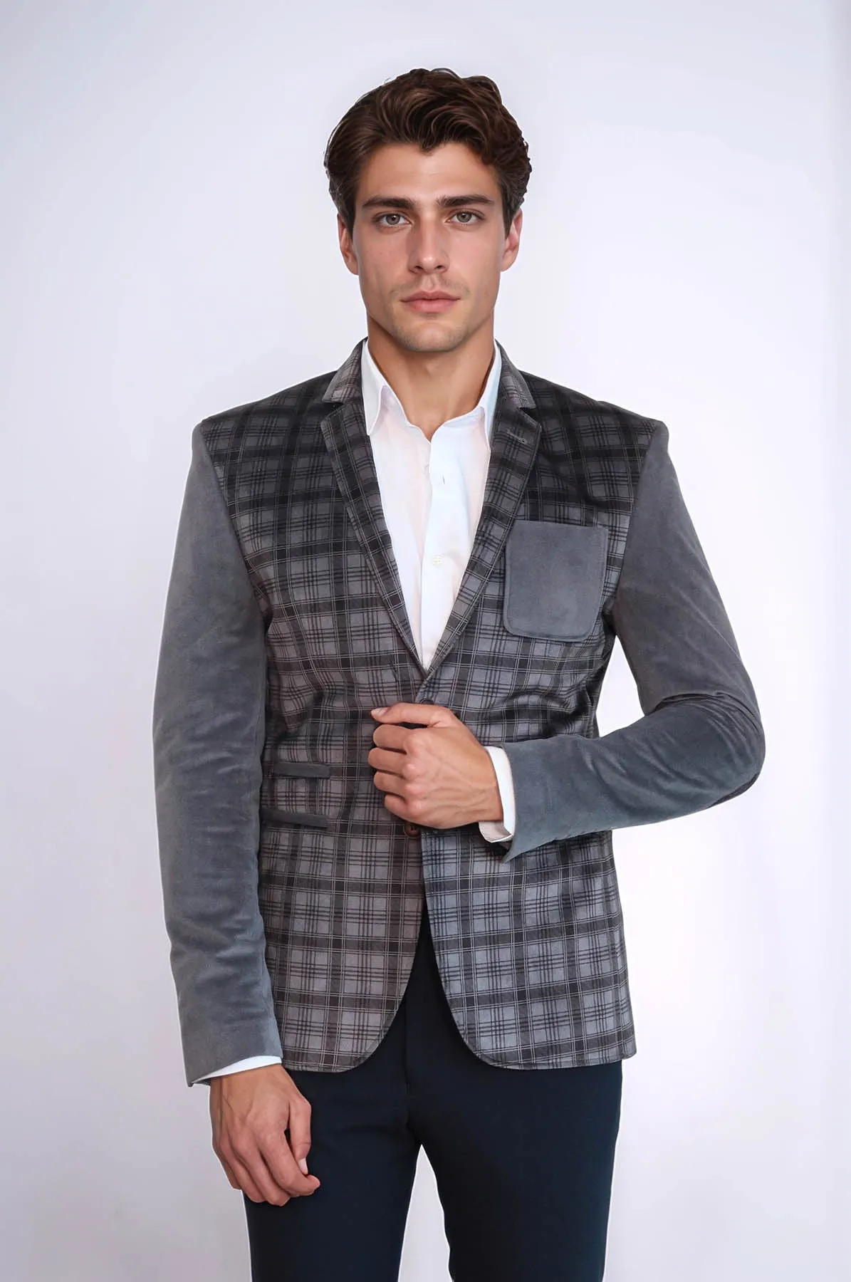 Plain Sleeve Plaid Chest Smoked Velvet Blazer - Wessi