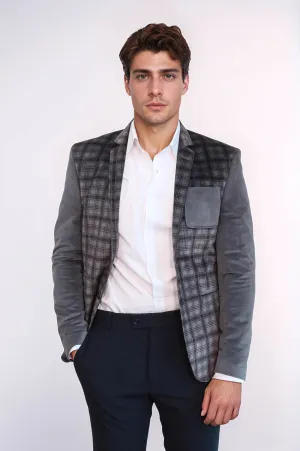 Plain Sleeve Plaid Chest Smoked Velvet Blazer - Wessi