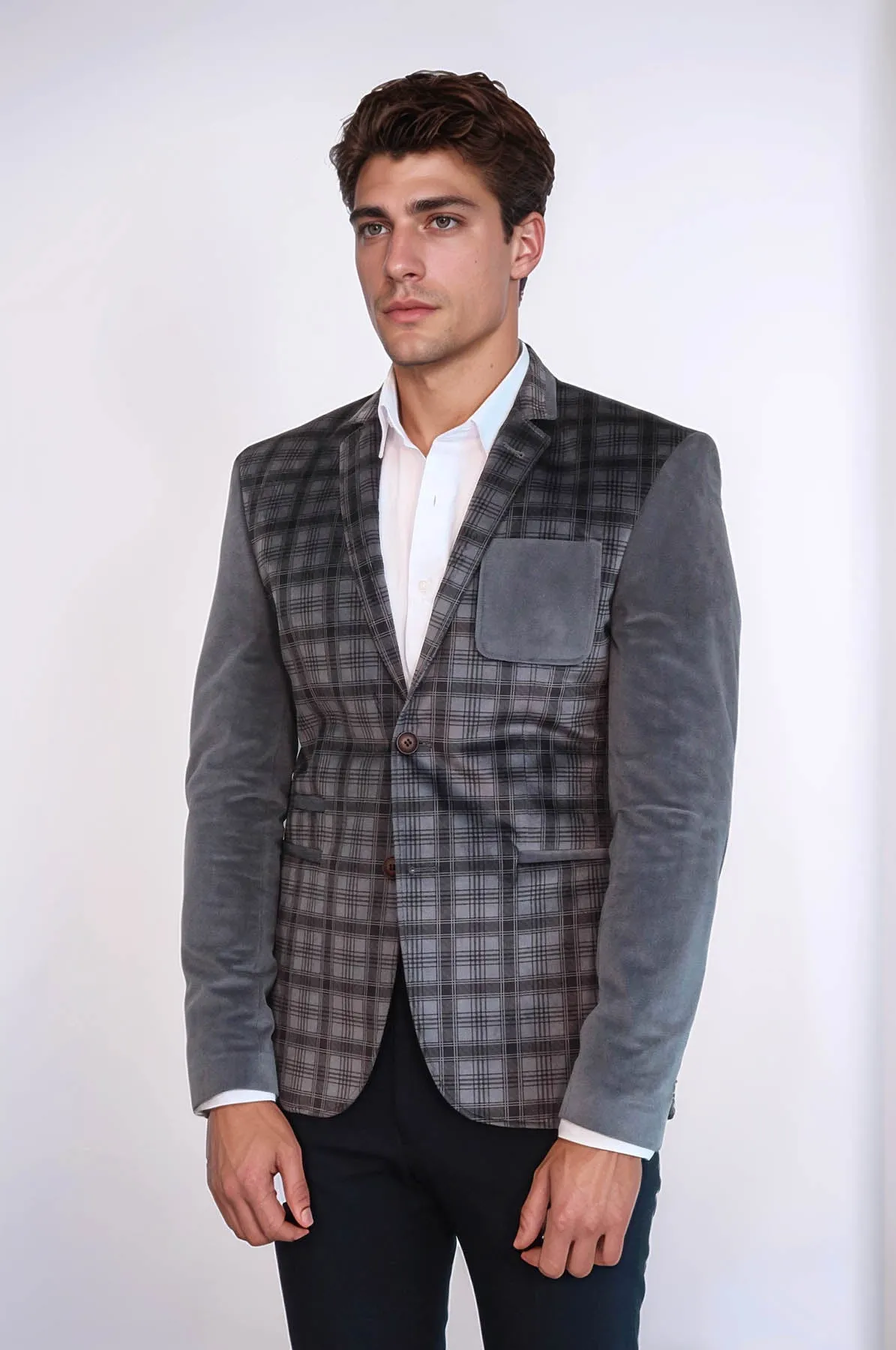 Plain Sleeve Plaid Chest Smoked Velvet Blazer - Wessi