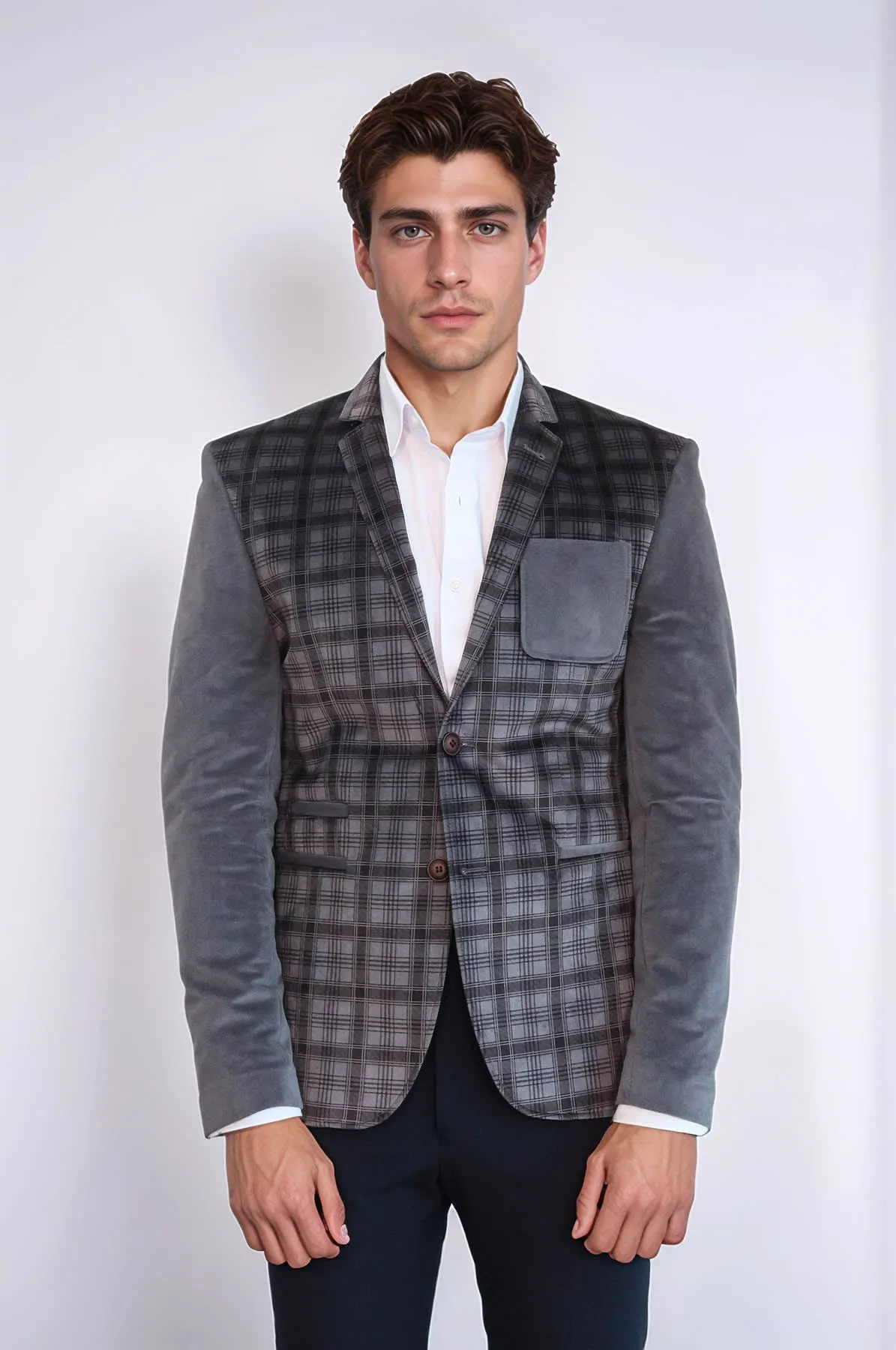 Plain Sleeve Plaid Chest Smoked Velvet Blazer - Wessi