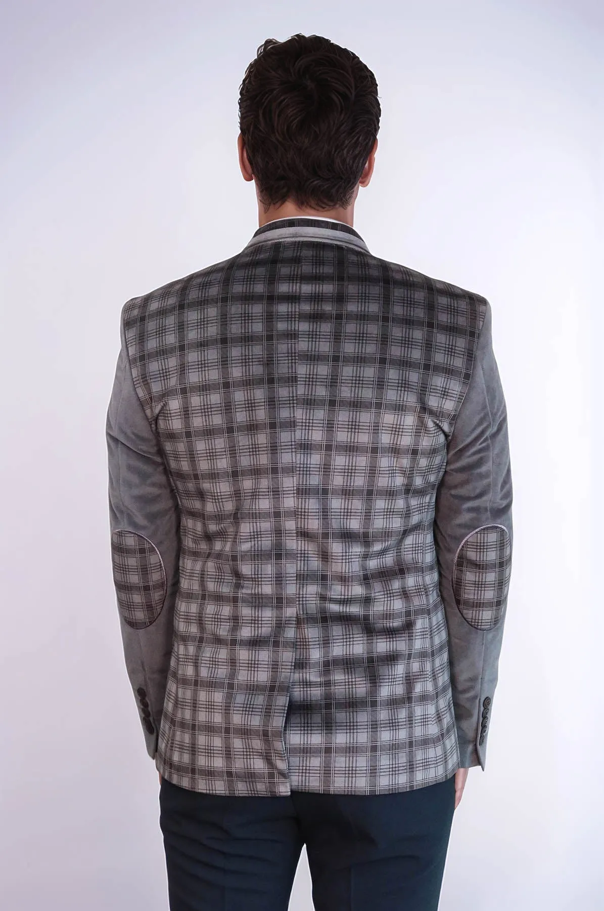 Plain Sleeve Plaid Chest Smoked Velvet Blazer - Wessi