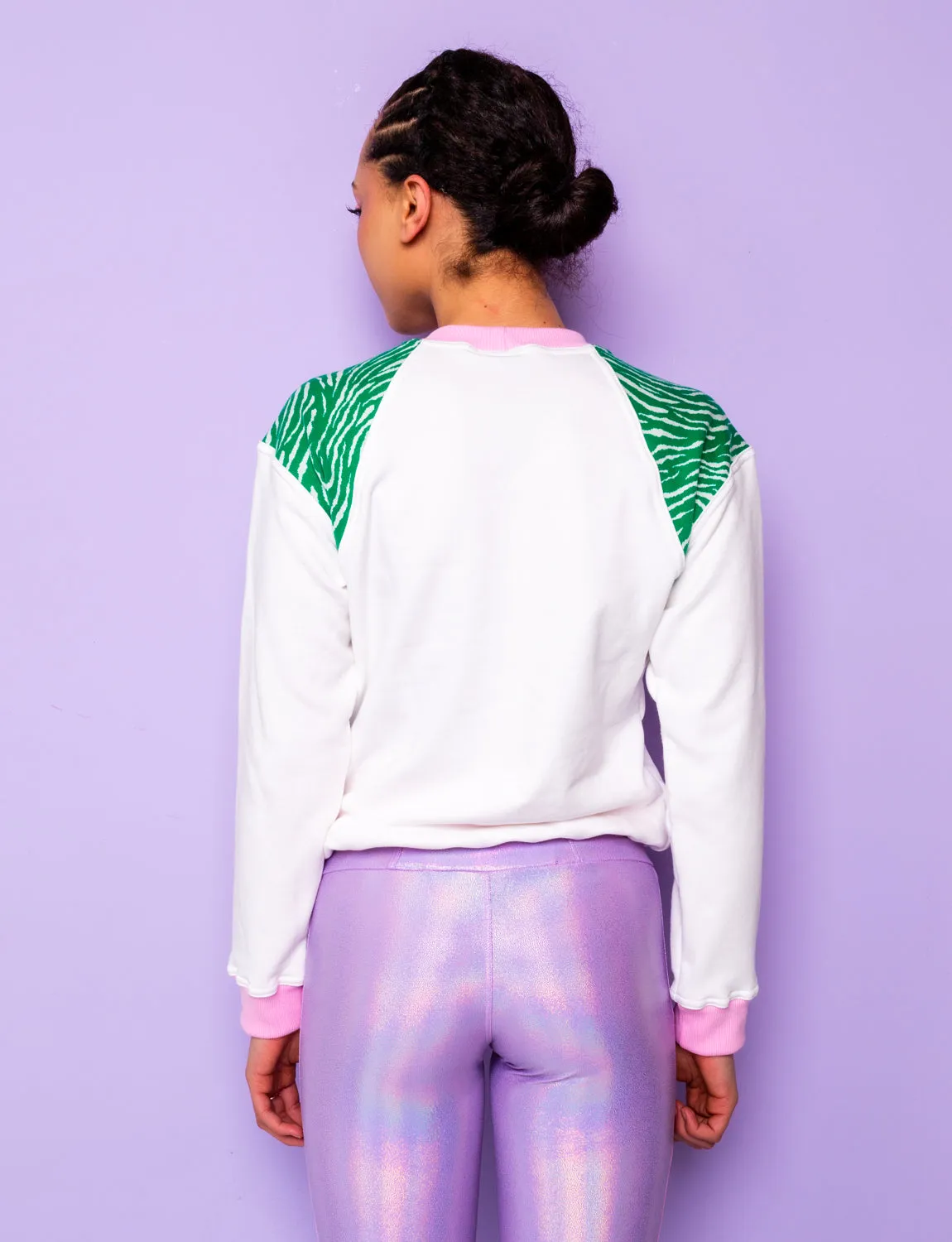 Plain White & Green Zebra Print Sweatshirt