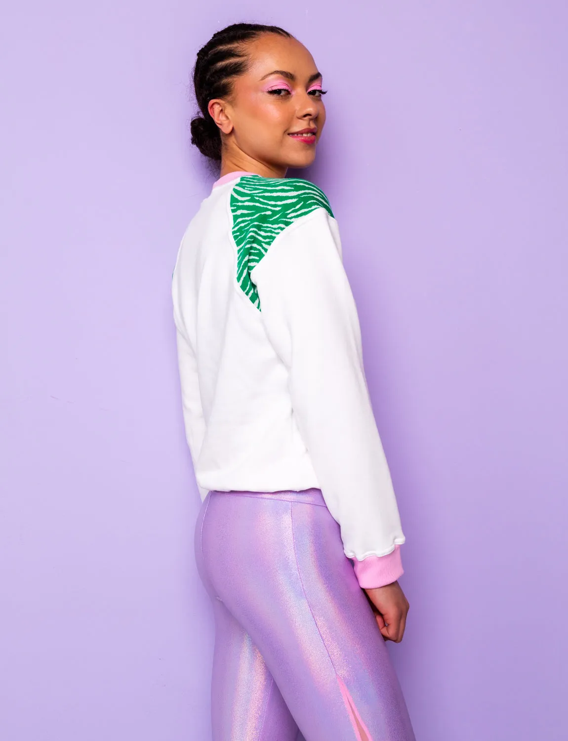 Plain White & Green Zebra Print Sweatshirt