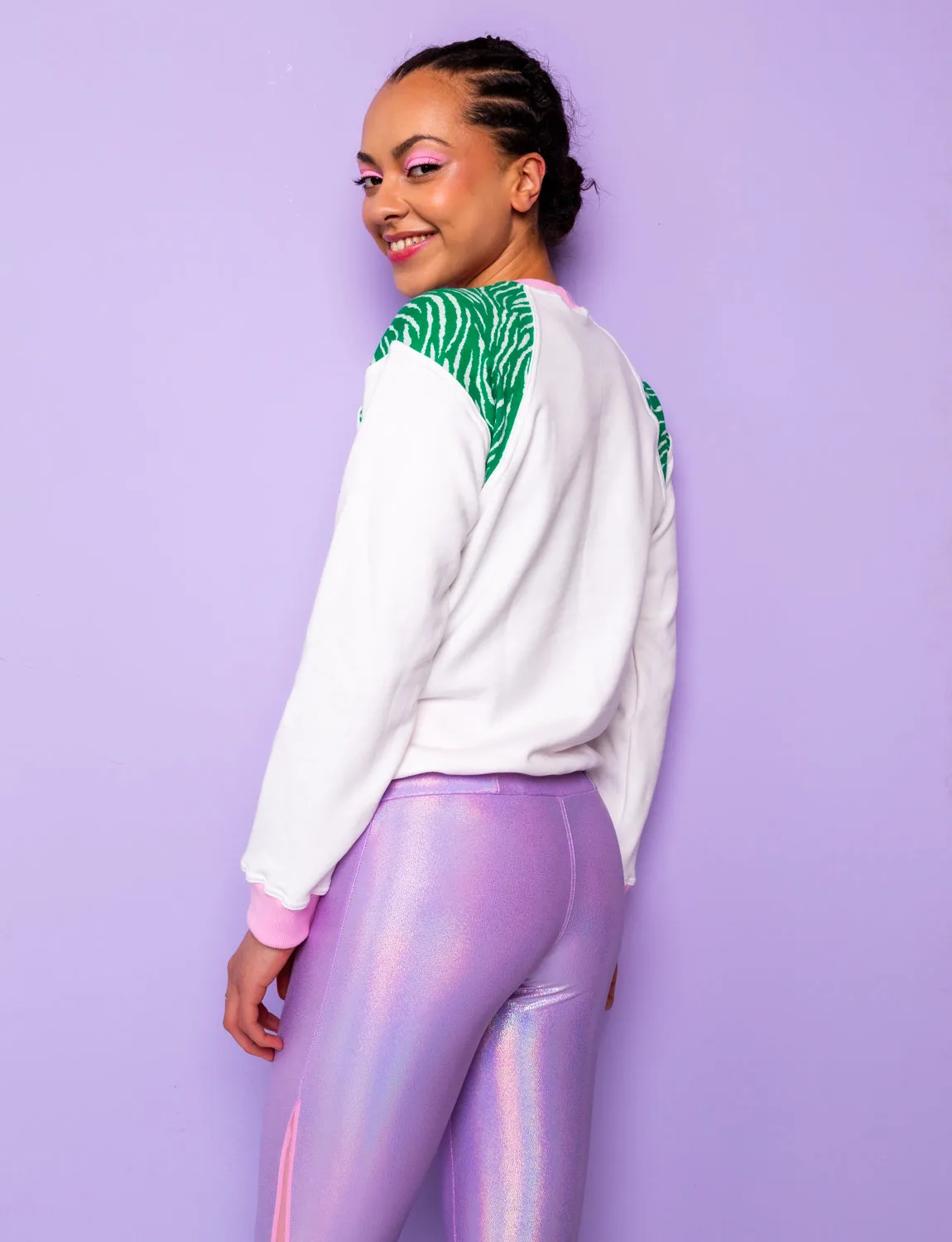 Plain White & Green Zebra Print Sweatshirt