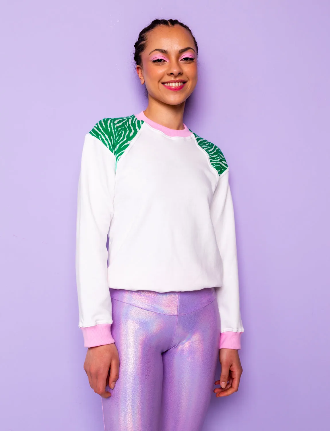 Plain White & Green Zebra Print Sweatshirt