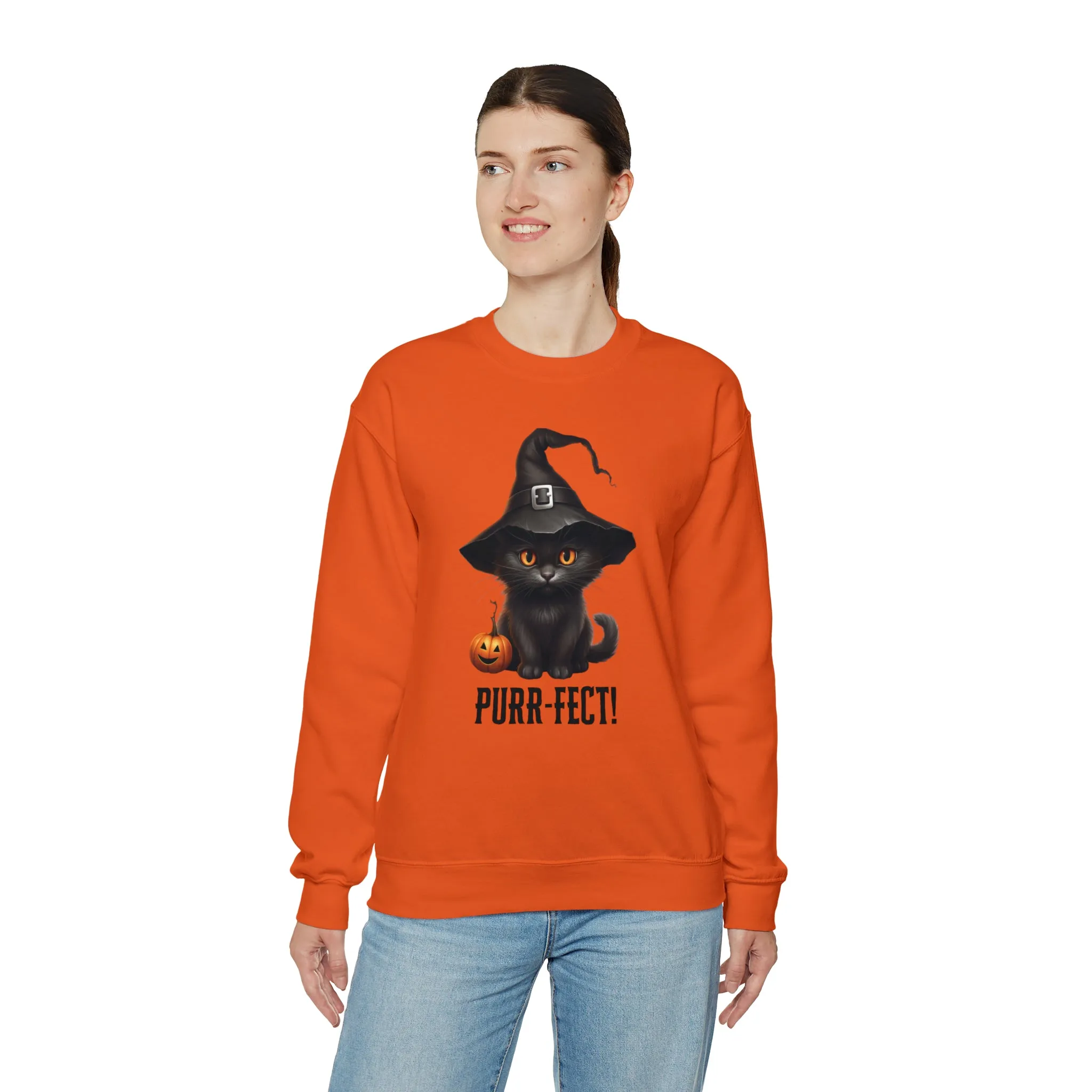 Purr-Fect Black Cat Sweatshirt, Scary Witch's Hat Pullover, Creepy Halloween Crewneck Sweatshirt, Unisex Heavy Blend Sweatshirt