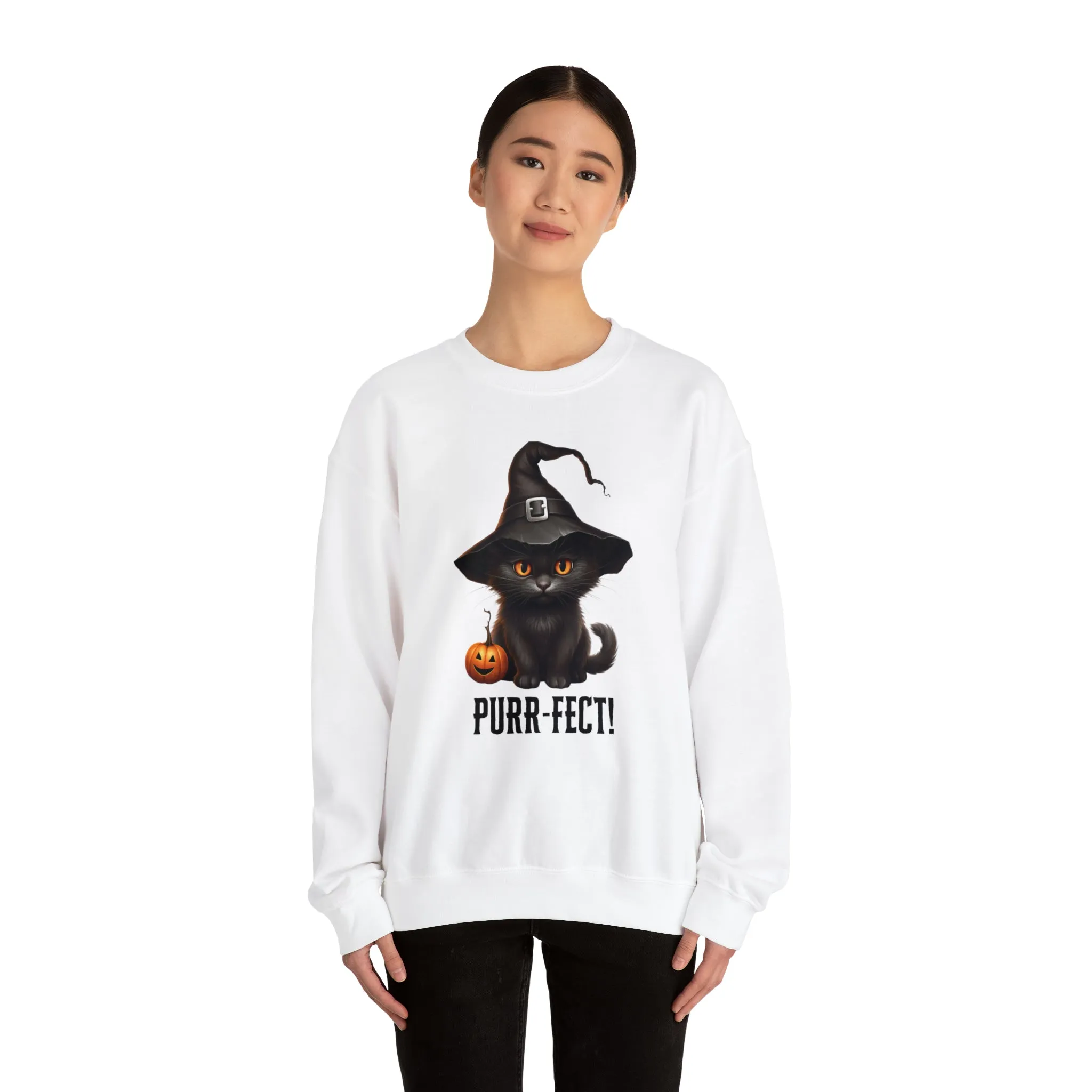 Purr-Fect Black Cat Sweatshirt, Scary Witch's Hat Pullover, Creepy Halloween Crewneck Sweatshirt, Unisex Heavy Blend Sweatshirt