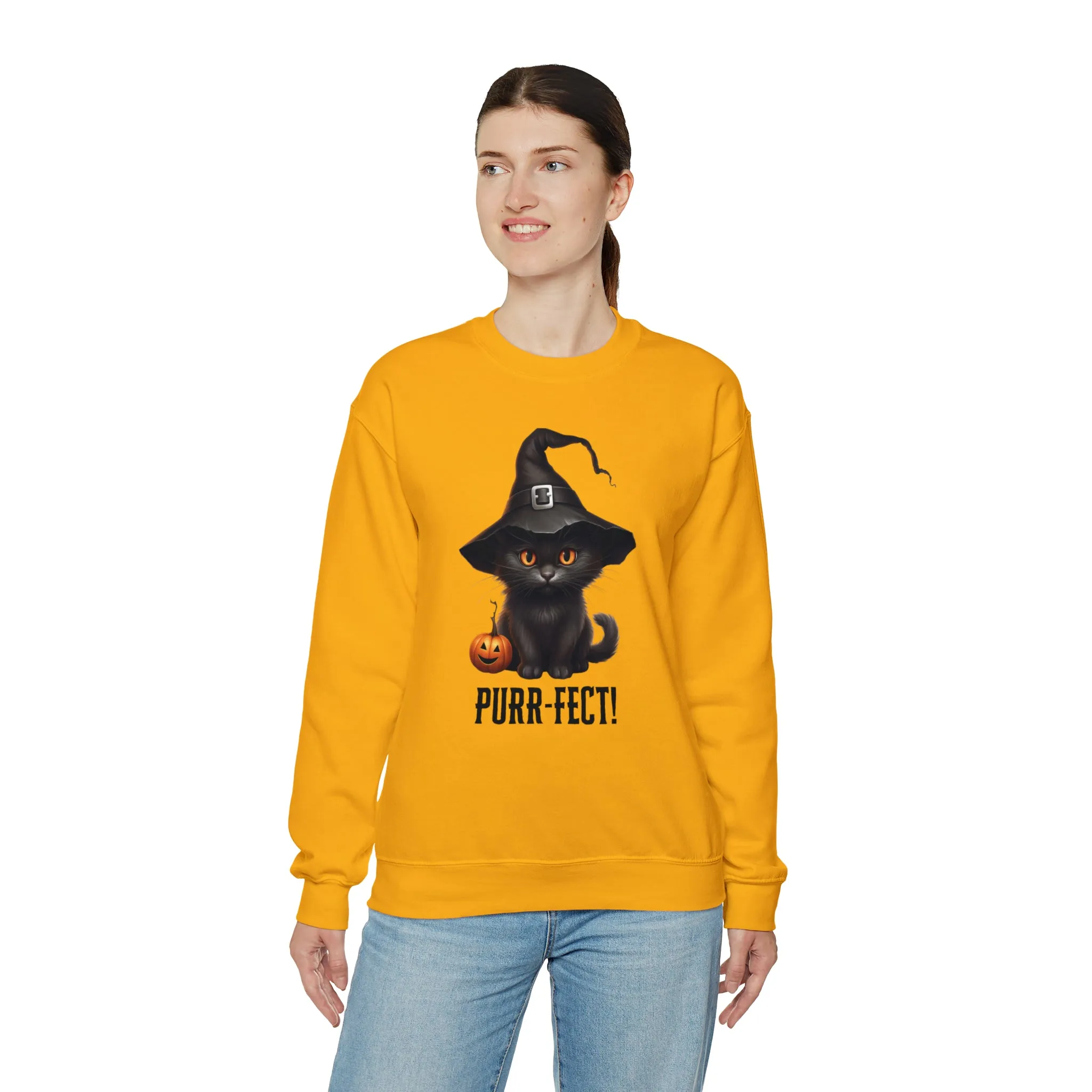 Purr-Fect Black Cat Sweatshirt, Scary Witch's Hat Pullover, Creepy Halloween Crewneck Sweatshirt, Unisex Heavy Blend Sweatshirt