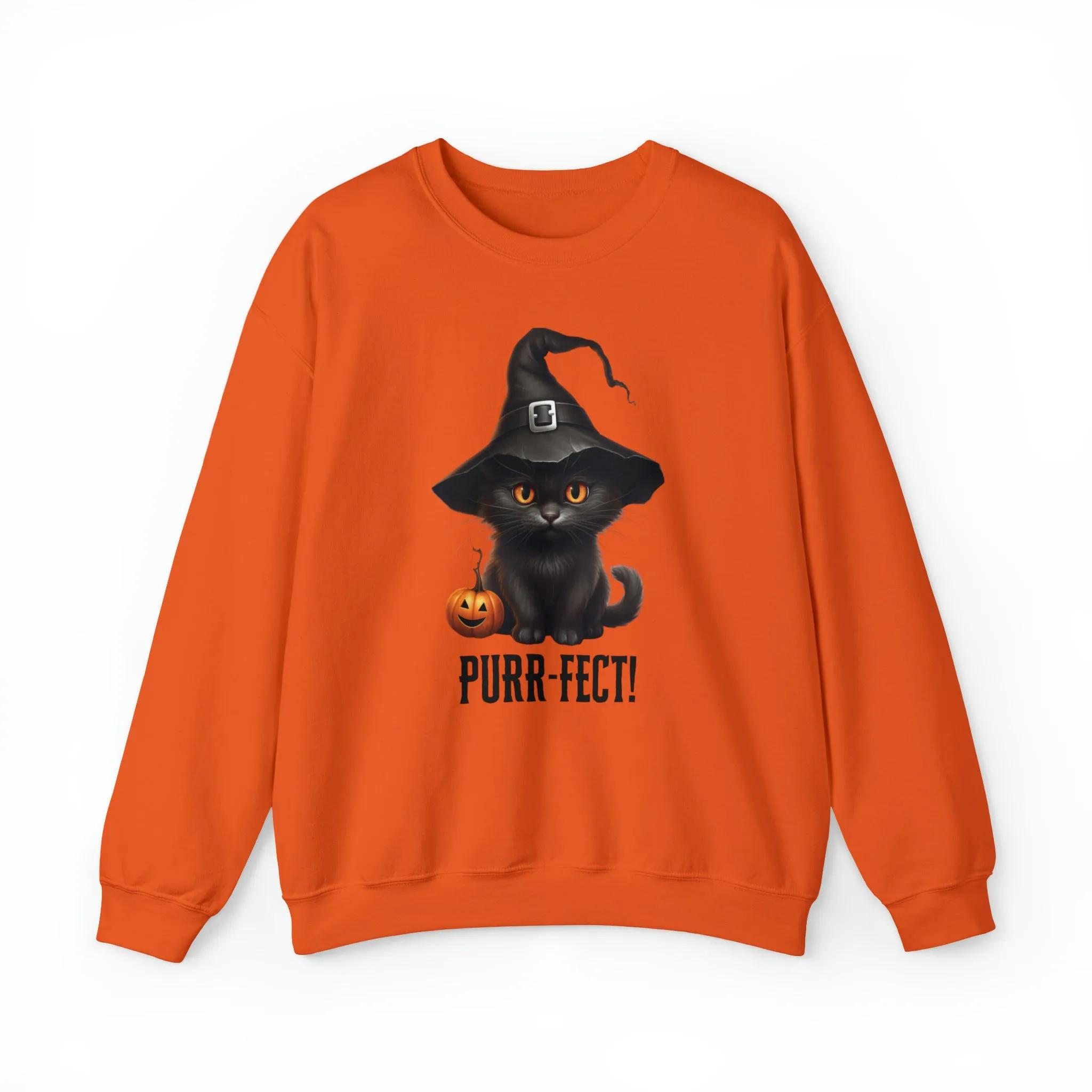 Purr-Fect Black Cat Sweatshirt, Scary Witch's Hat Pullover, Creepy Halloween Crewneck Sweatshirt, Unisex Heavy Blend Sweatshirt