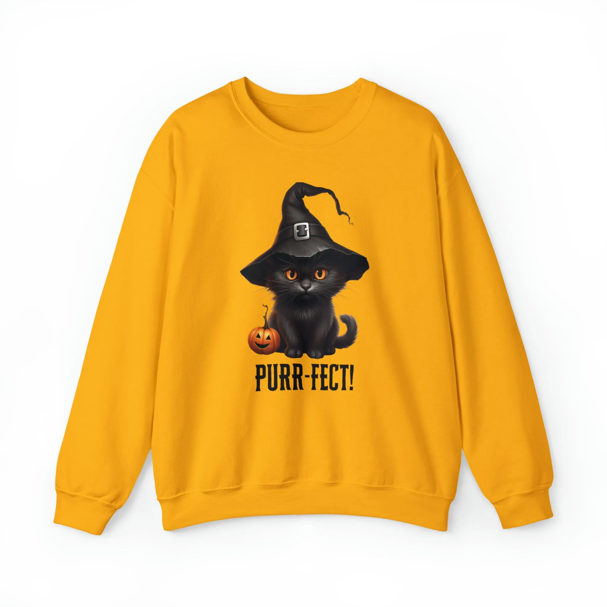 Purr-Fect Black Cat Sweatshirt, Scary Witch's Hat Pullover, Creepy Halloween Crewneck Sweatshirt, Unisex Heavy Blend Sweatshirt