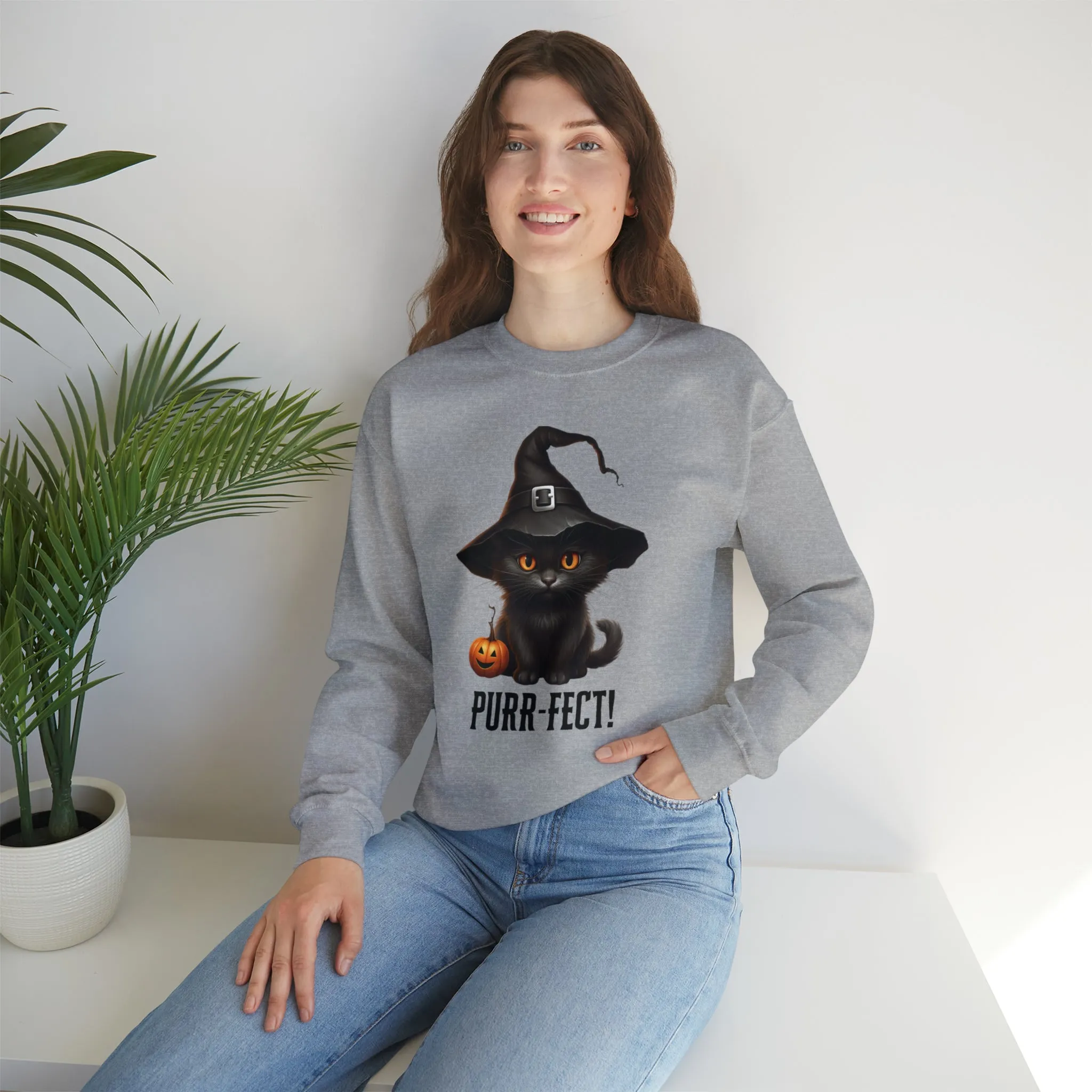 Purr-Fect Black Cat Sweatshirt, Scary Witch's Hat Pullover, Creepy Halloween Crewneck Sweatshirt, Unisex Heavy Blend Sweatshirt