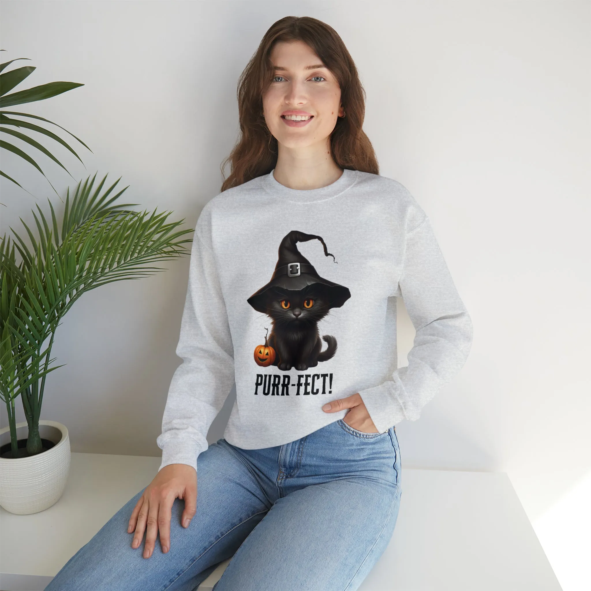 Purr-Fect Black Cat Sweatshirt, Scary Witch's Hat Pullover, Creepy Halloween Crewneck Sweatshirt, Unisex Heavy Blend Sweatshirt