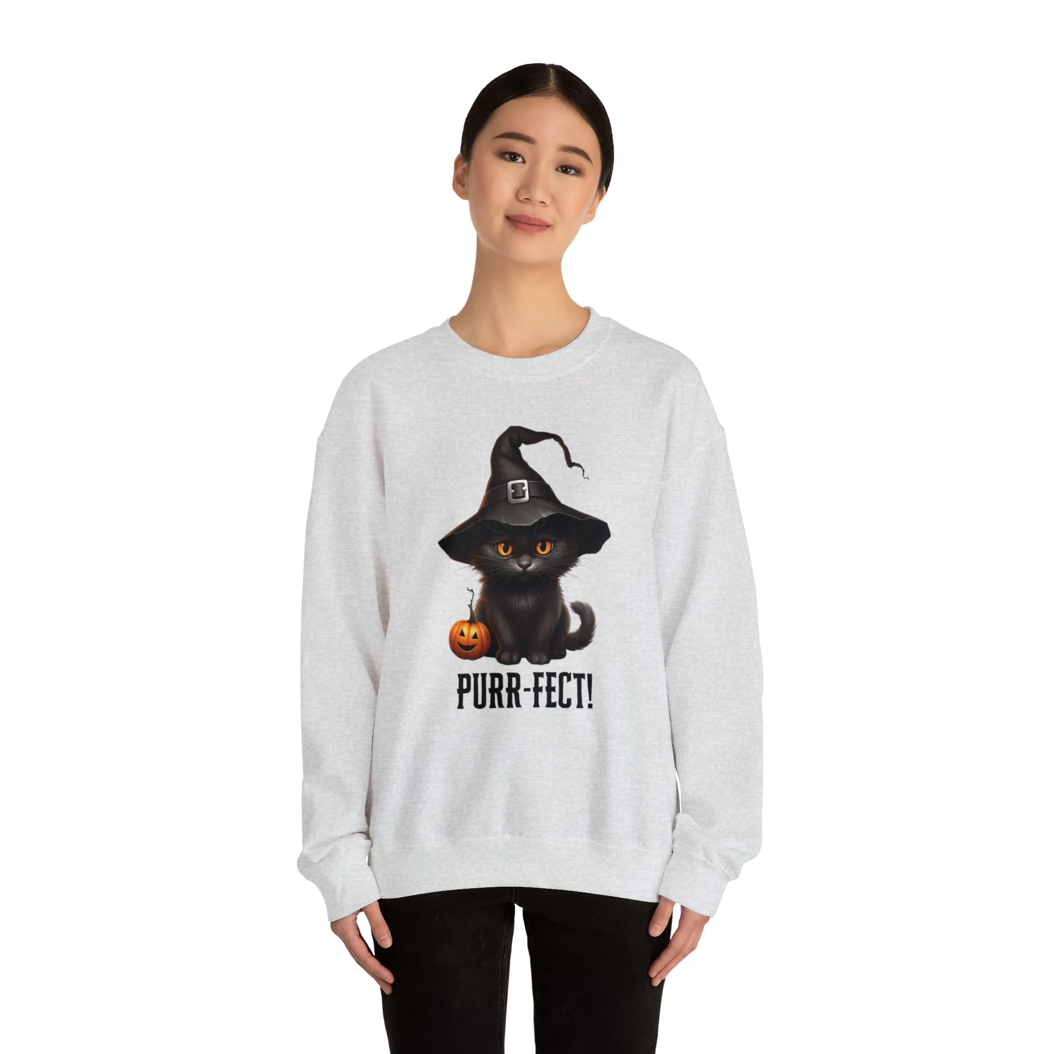 Purr-Fect Black Cat Sweatshirt, Scary Witch's Hat Pullover, Creepy Halloween Crewneck Sweatshirt, Unisex Heavy Blend Sweatshirt
