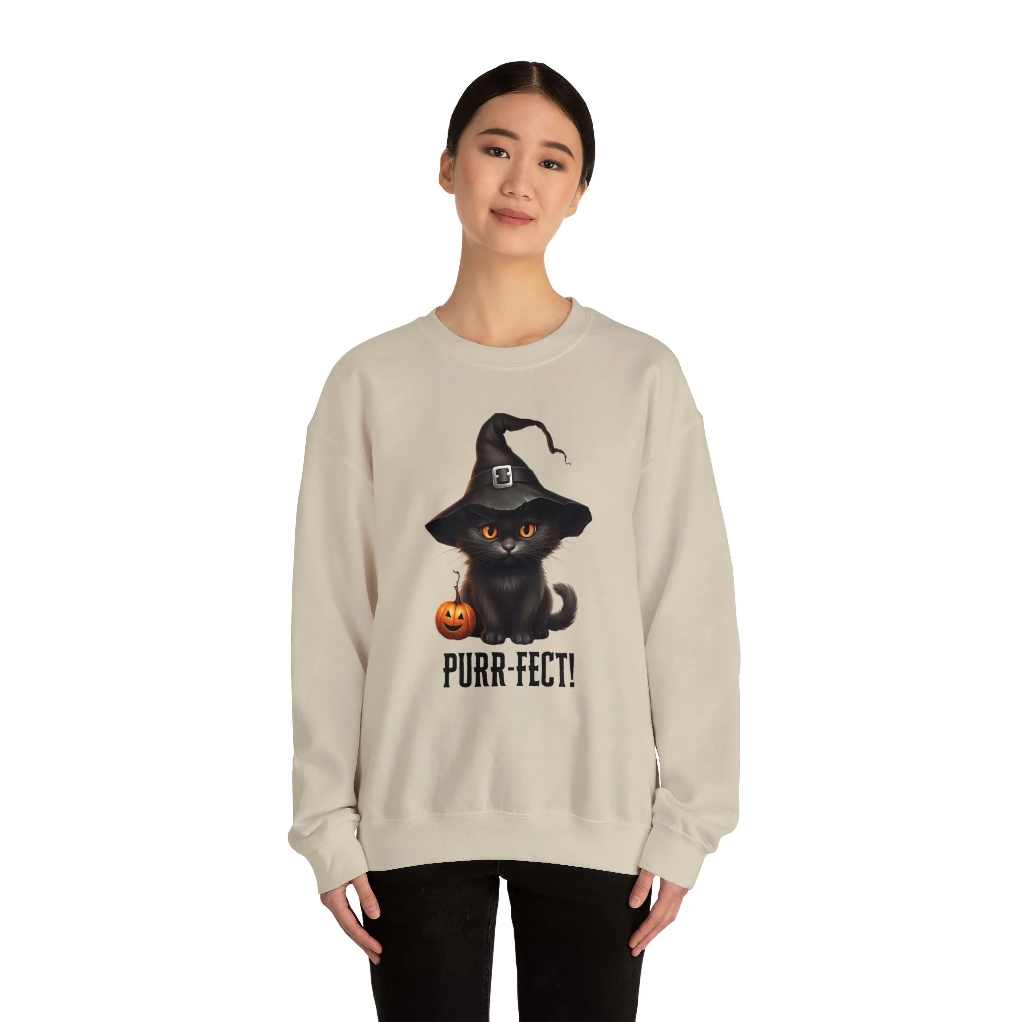 Purr-Fect Black Cat Sweatshirt, Scary Witch's Hat Pullover, Creepy Halloween Crewneck Sweatshirt, Unisex Heavy Blend Sweatshirt