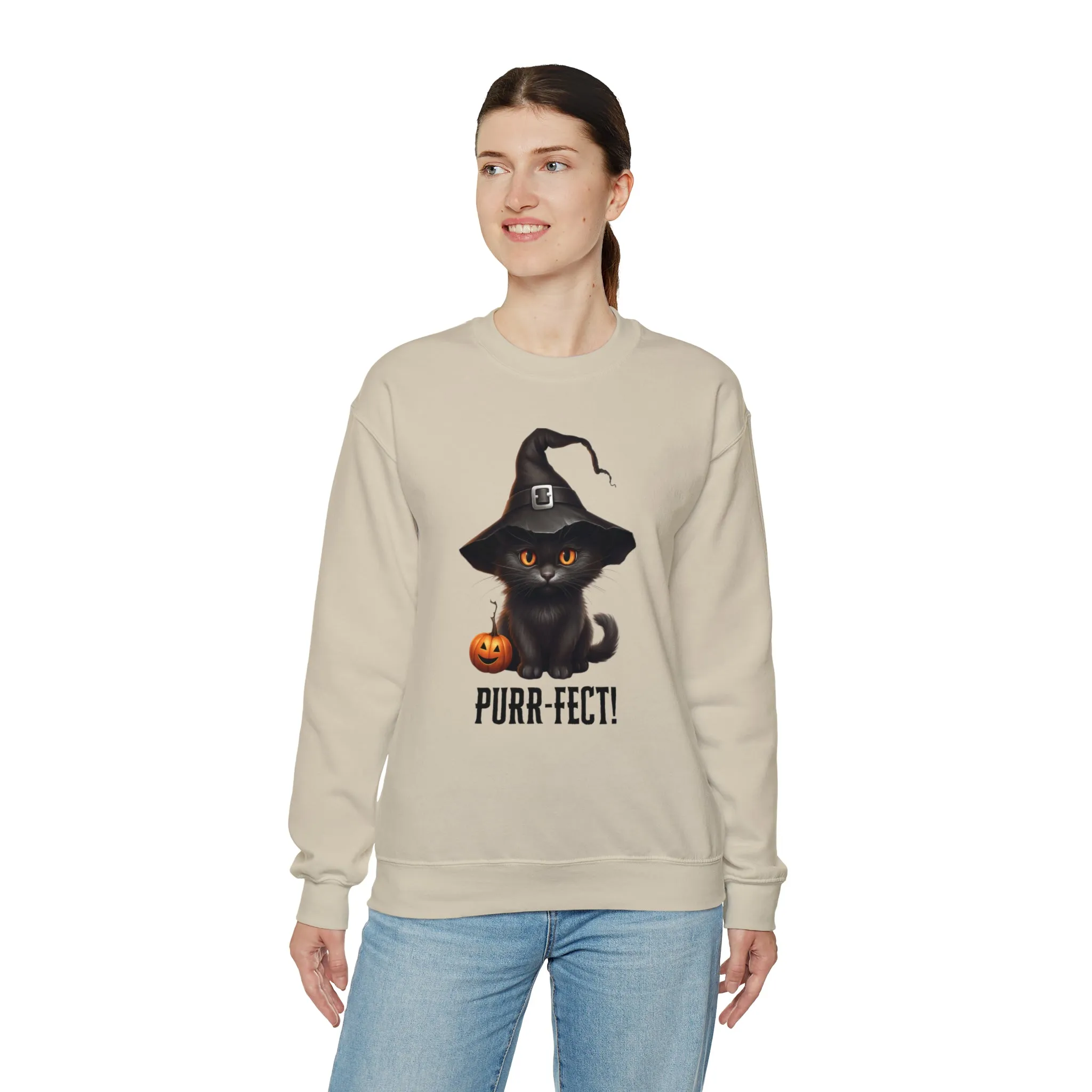 Purr-Fect Black Cat Sweatshirt, Scary Witch's Hat Pullover, Creepy Halloween Crewneck Sweatshirt, Unisex Heavy Blend Sweatshirt