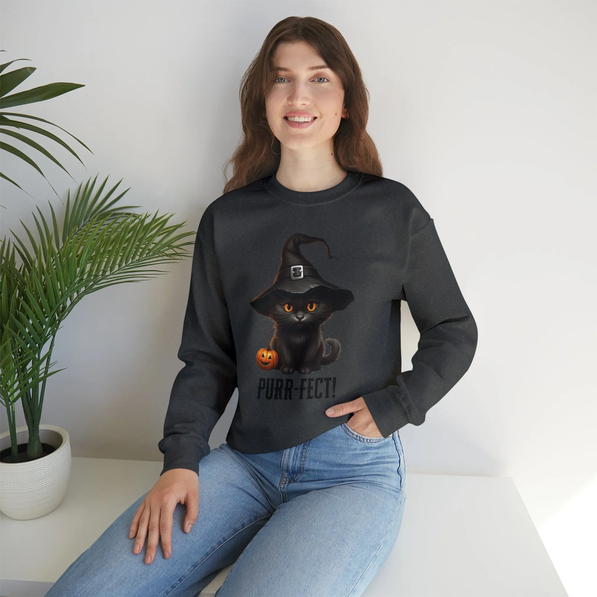 Purr-Fect Black Cat Sweatshirt, Scary Witch's Hat Pullover, Creepy Halloween Crewneck Sweatshirt, Unisex Heavy Blend Sweatshirt