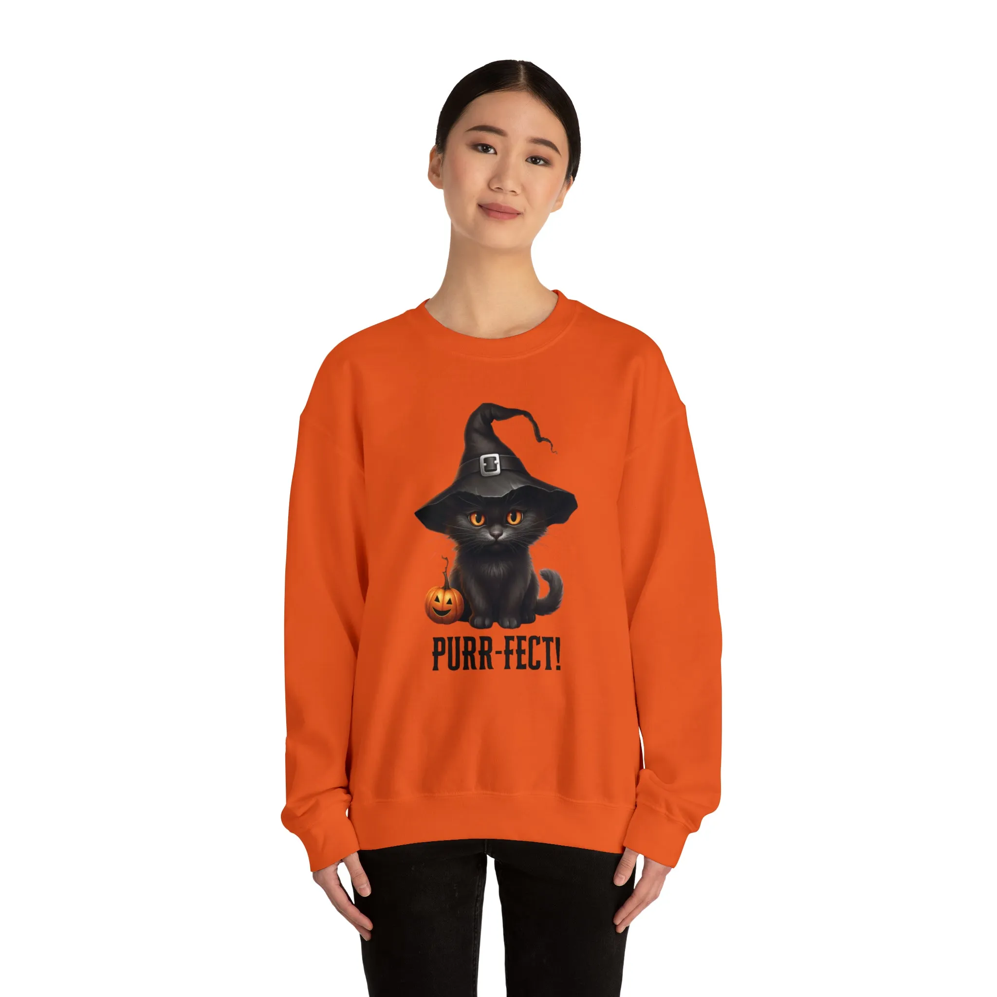 Purr-Fect Black Cat Sweatshirt, Scary Witch's Hat Pullover, Creepy Halloween Crewneck Sweatshirt, Unisex Heavy Blend Sweatshirt