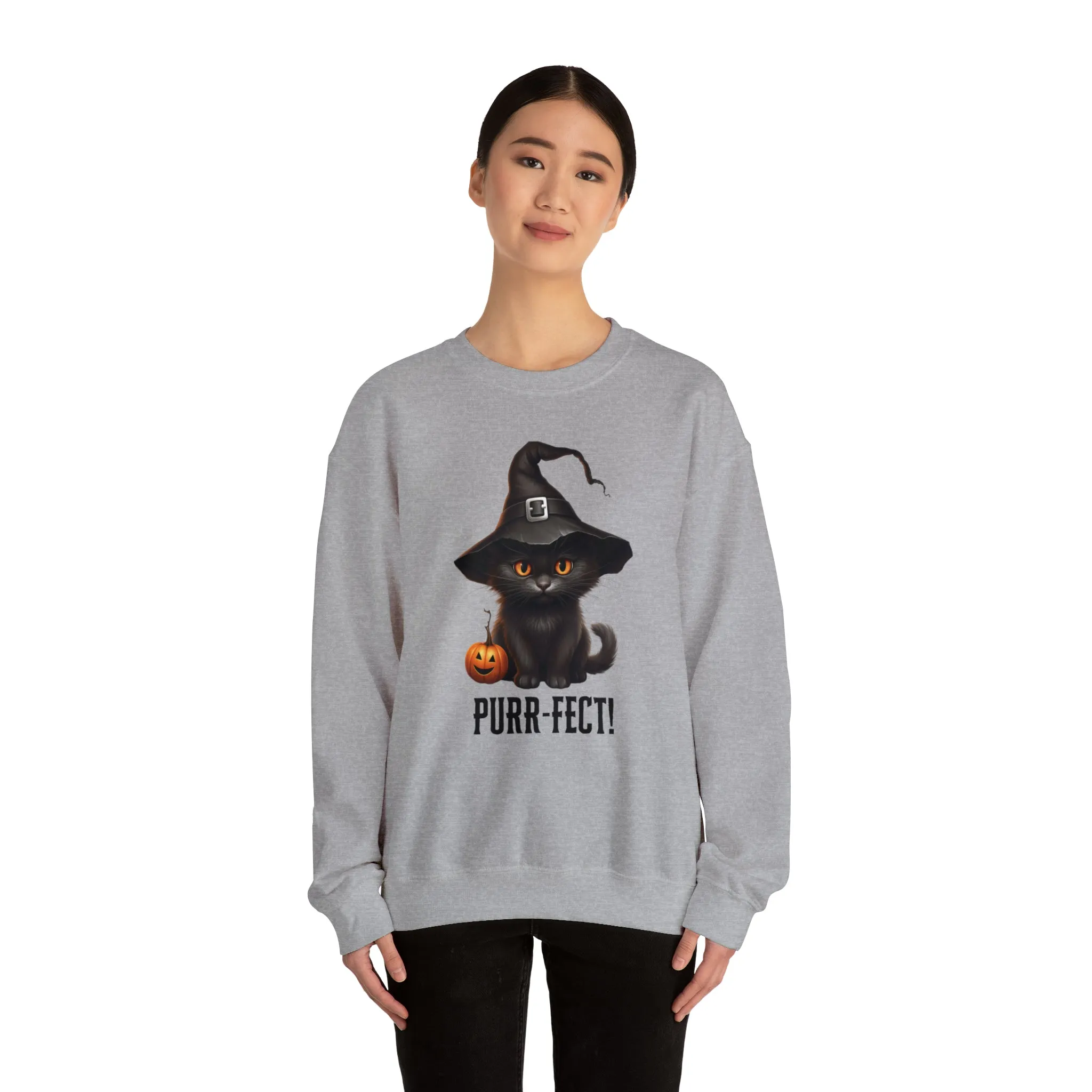 Purr-Fect Black Cat Sweatshirt, Scary Witch's Hat Pullover, Creepy Halloween Crewneck Sweatshirt, Unisex Heavy Blend Sweatshirt