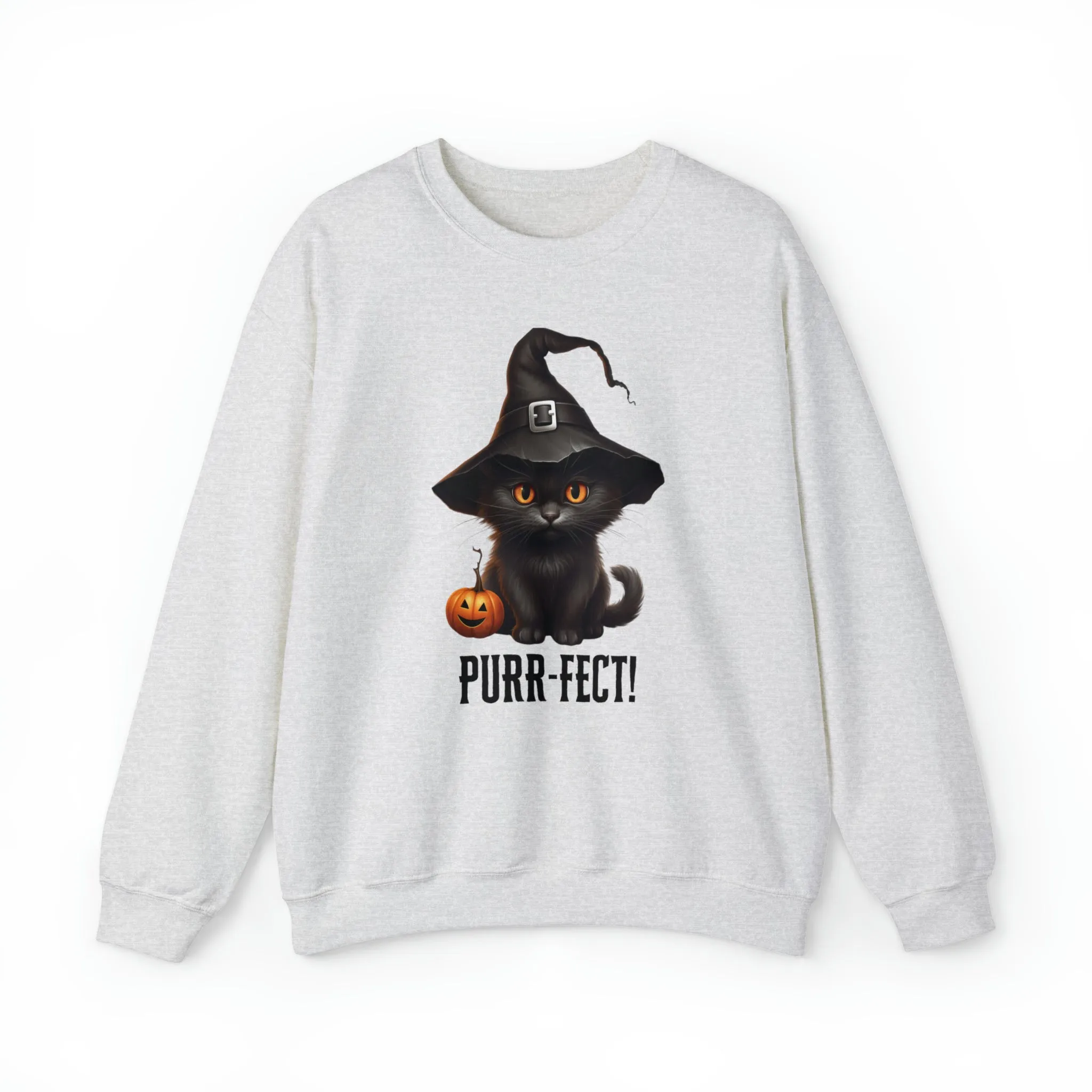 Purr-Fect Black Cat Sweatshirt, Scary Witch's Hat Pullover, Creepy Halloween Crewneck Sweatshirt, Unisex Heavy Blend Sweatshirt