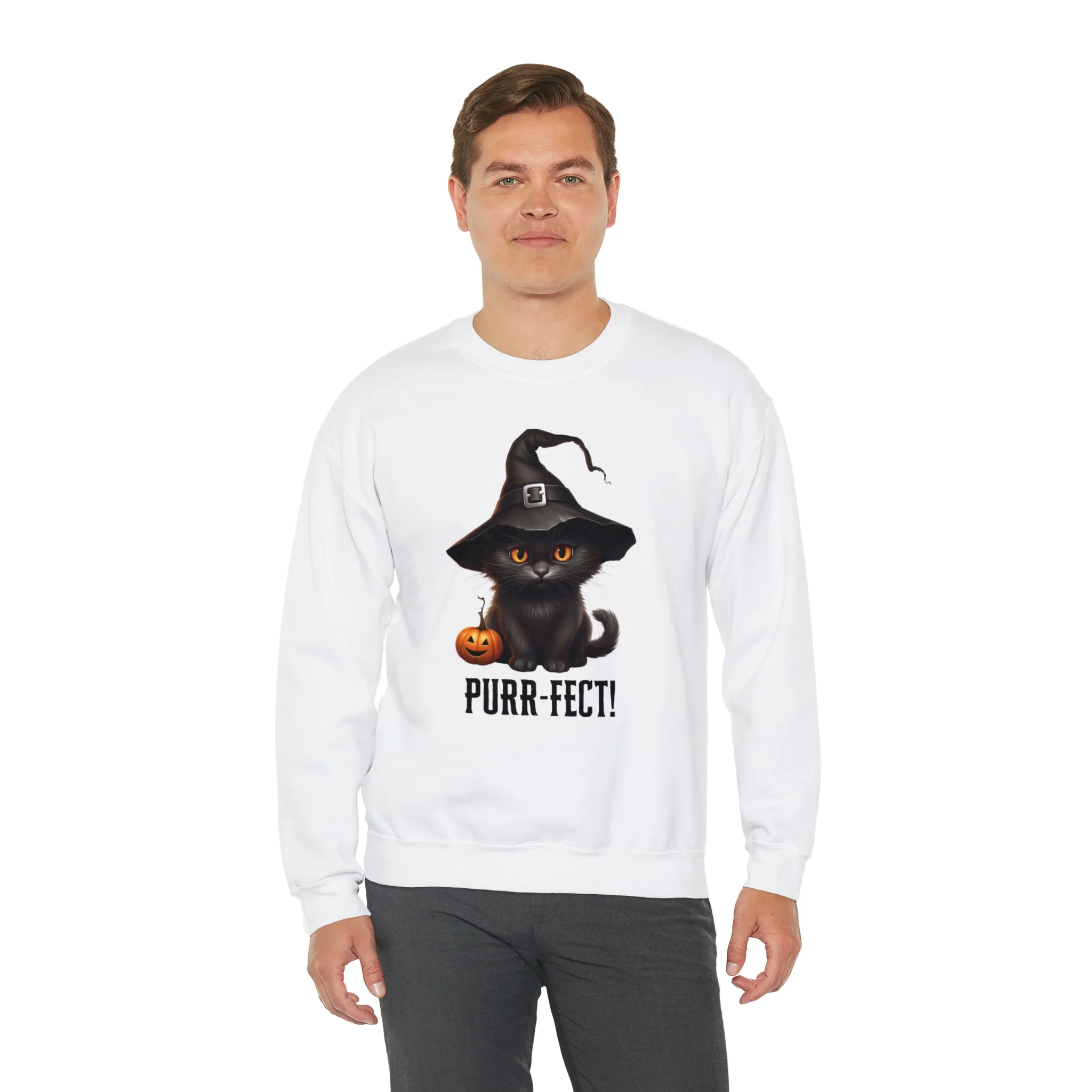 Purr-Fect Black Cat Sweatshirt, Scary Witch's Hat Pullover, Creepy Halloween Crewneck Sweatshirt, Unisex Heavy Blend Sweatshirt